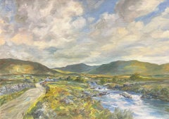 Vintage Irish Oil Painting Winding Stream & Rolling Green Hills under Cloudy Sky