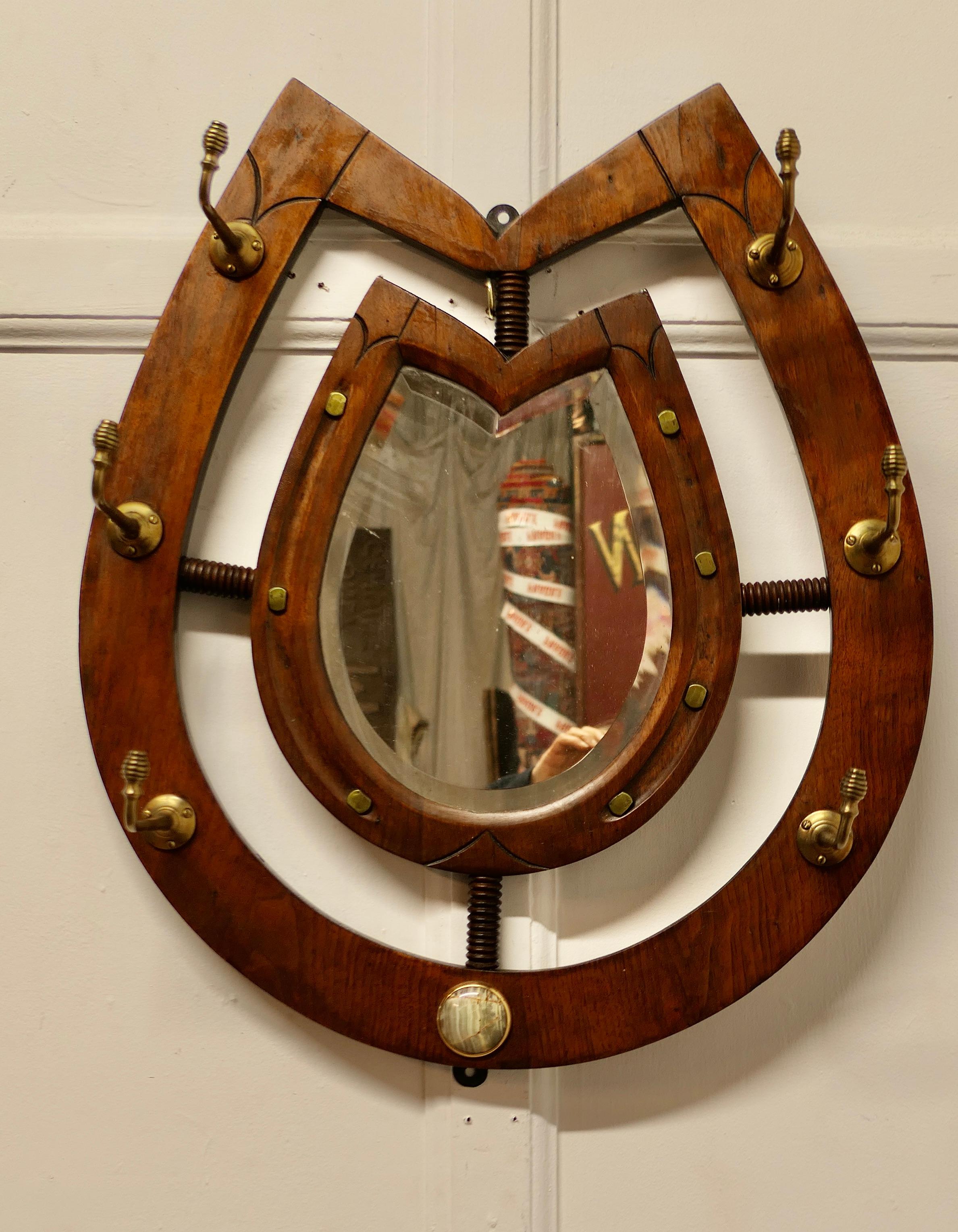 Early 20th Century Irish Arts and Crafts Mirrored Horseshoe Coat and Tack Rack