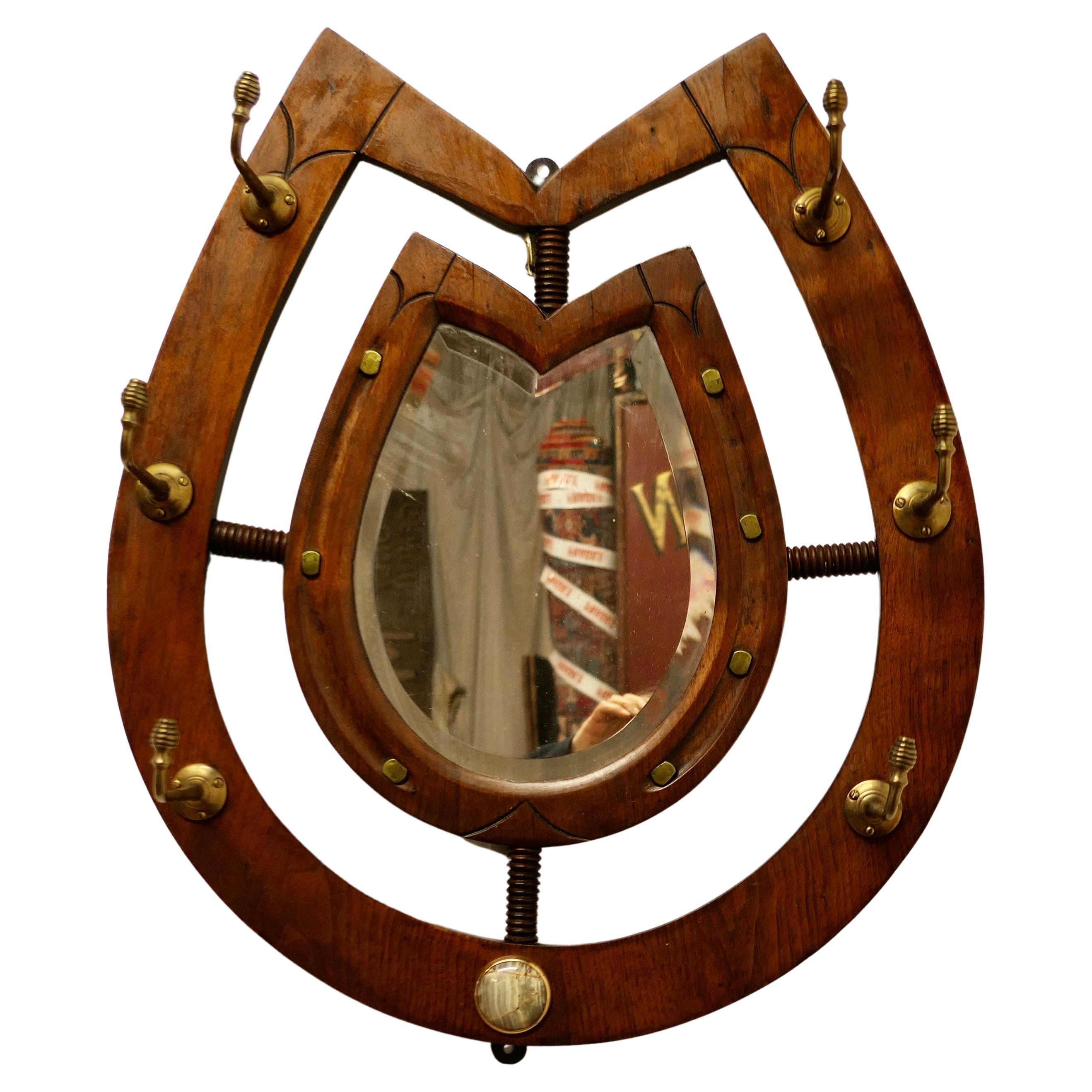 Irish Arts and Crafts Mirrored Horseshoe Coat and Tack Rack    For Sale