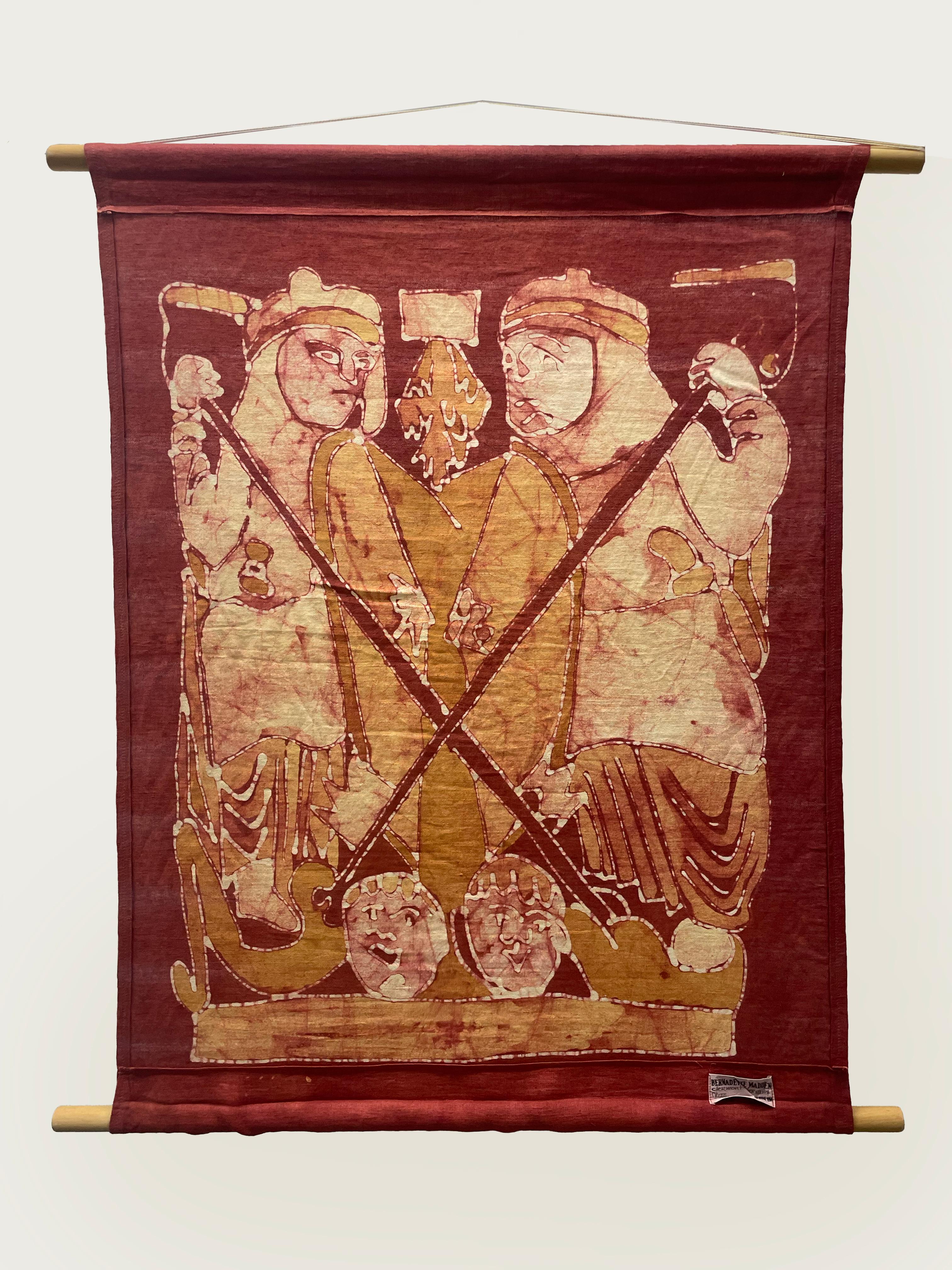 Irish Batik tapestry by Bernadette Madden, 1992. Measures 27x35.5”. 

Born in Dublin, Ireland, Bernadette Madden studied in the School of Painting at the National College of Art and Design, graduating in 1970. She works mainly in batik (wax resist