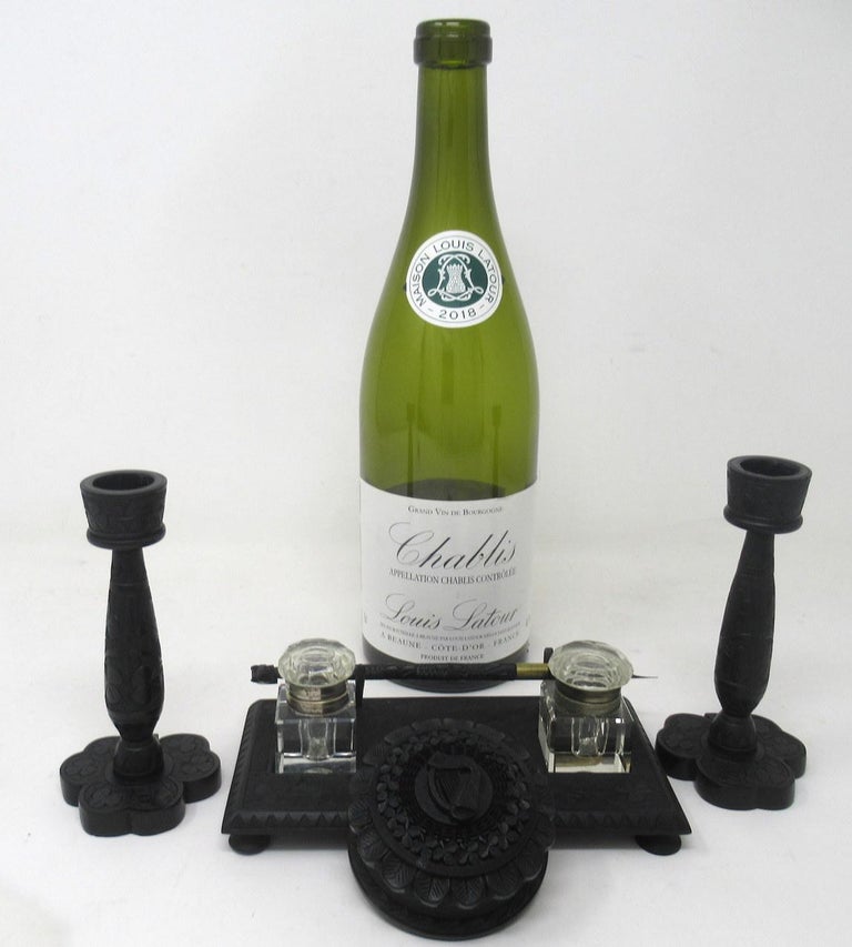 Irish Carved Bog Oak Desk Set Candlestick Shamrock Harp Greyhound