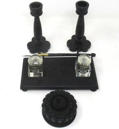 Irish Carved Bog Oak Desk Set Candlestick Shamrock Harp Greyhound Dublin Ireland