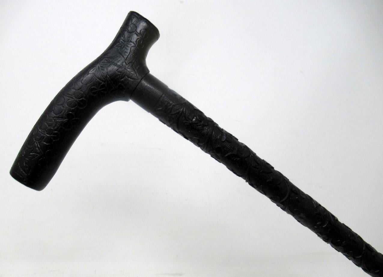 Victorian Irish Carved Bog Oakwood Walking Stick Cane Shamrock Killarney Dublin Ireland