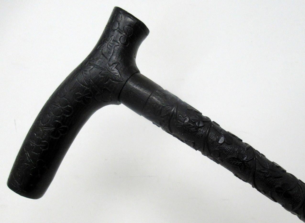 19th Century Irish Carved Bog Oakwood Walking Stick Cane Shamrock Killarney Dublin Ireland