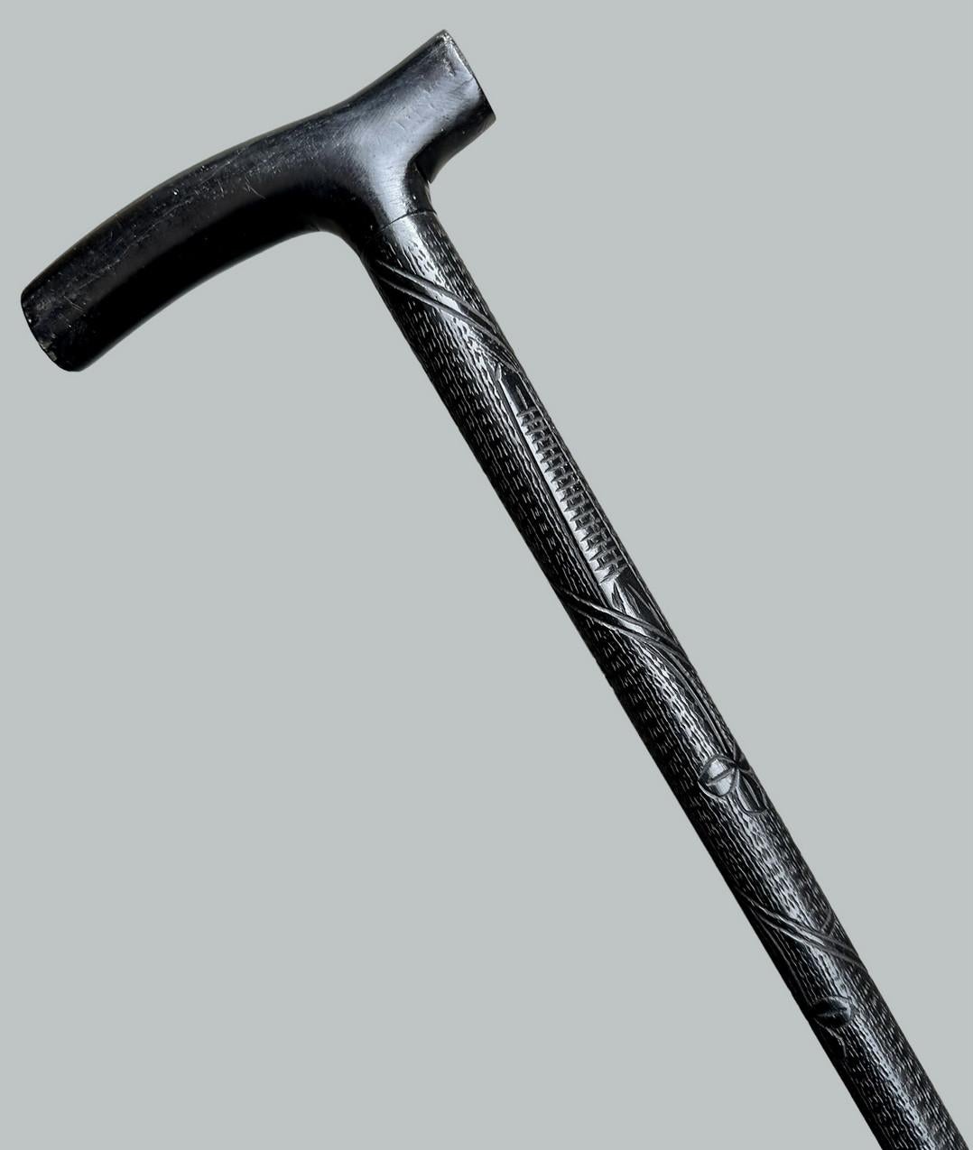 19th Century Irish Carved Bog Oakwood Walking Stick Cane Shamrock Killarney Dublin Ireland
