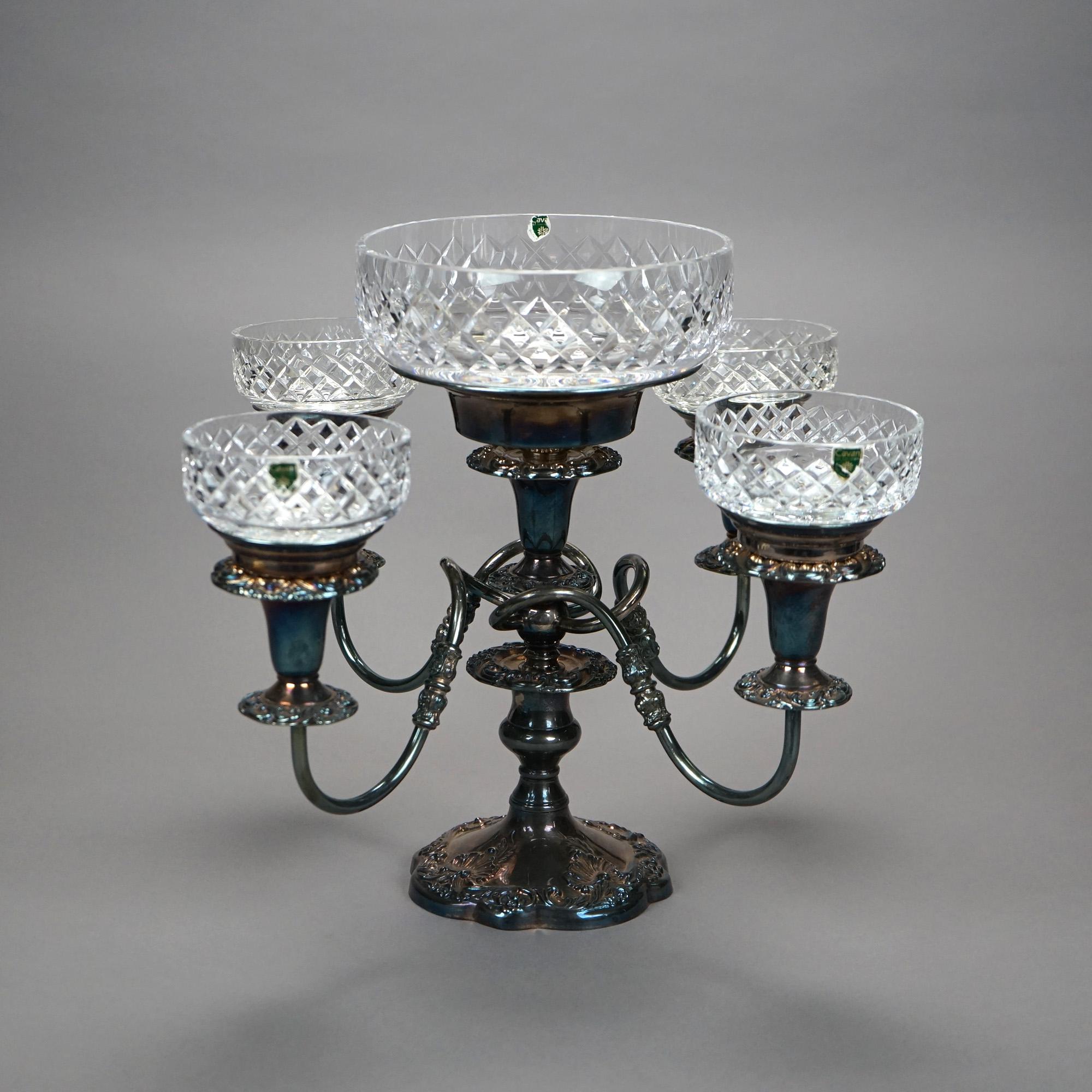 Northern Irish Irish Cavan Innisfree Cut Lead Crystal & Sheffield Silver Plate Épergne 20th C
