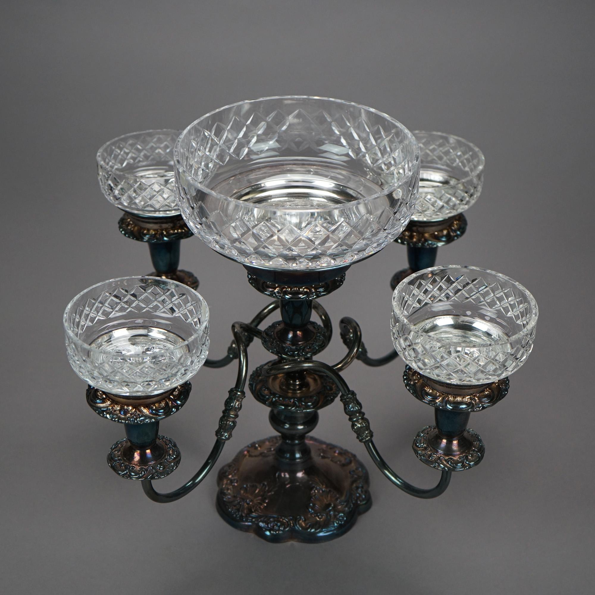 Irish Cavan Innisfree Cut Lead Crystal & Sheffield Silver Plate Épergne 20th C In Good Condition In Big Flats, NY