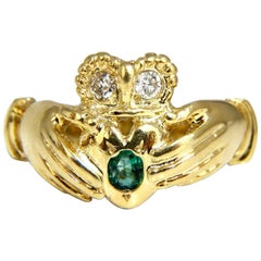 Irish Claddagh Natural Diamonds Emeralds Ring 14 Karat Unisex