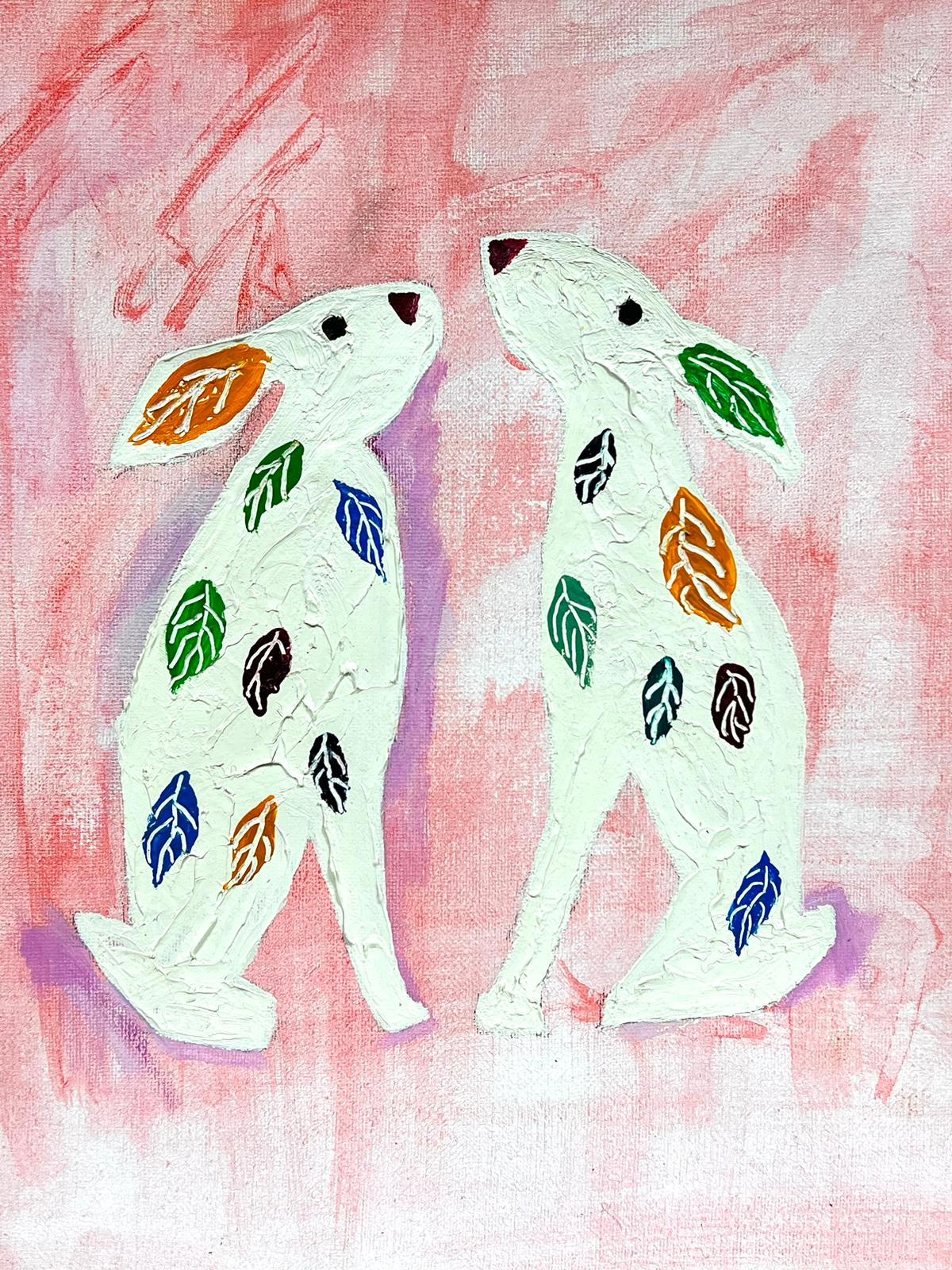 March Hares Colorful Irish Contemporary Abstract Painting Pareja de liebres - Art de Irish contemporary