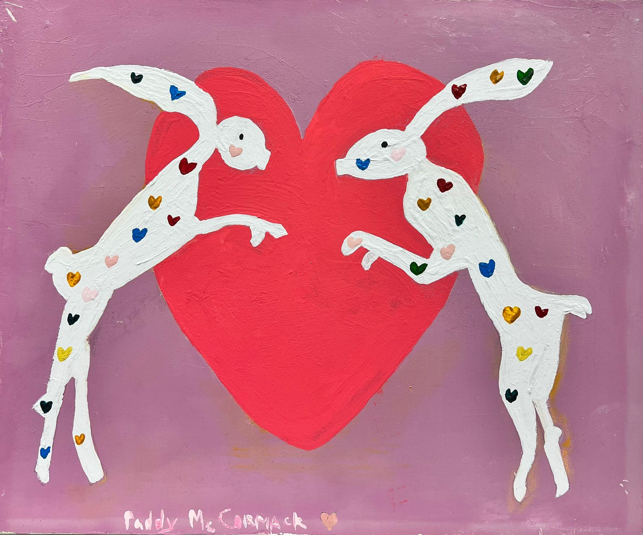 March Hares, farbenfrohes irisches zeitgenössisches abstraktes Gemälde mit Herzhölzern