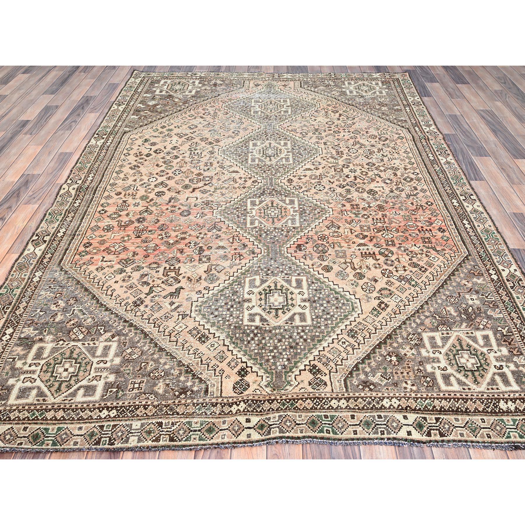 Hand-Knotted Irish Cream Brown Wool Hand Knotted Vintage Persian Shiraz Clean Sheared Low Rug