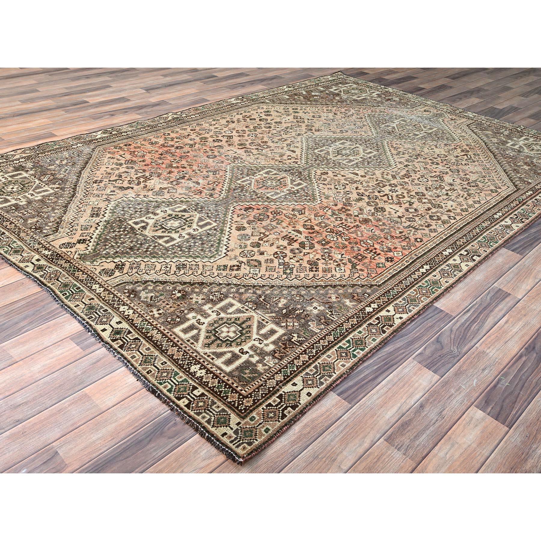 Irish Cream Brown Wool Hand Knotted Vintage Persian Shiraz Clean Sheared Low Rug In Good Condition In Carlstadt, NJ