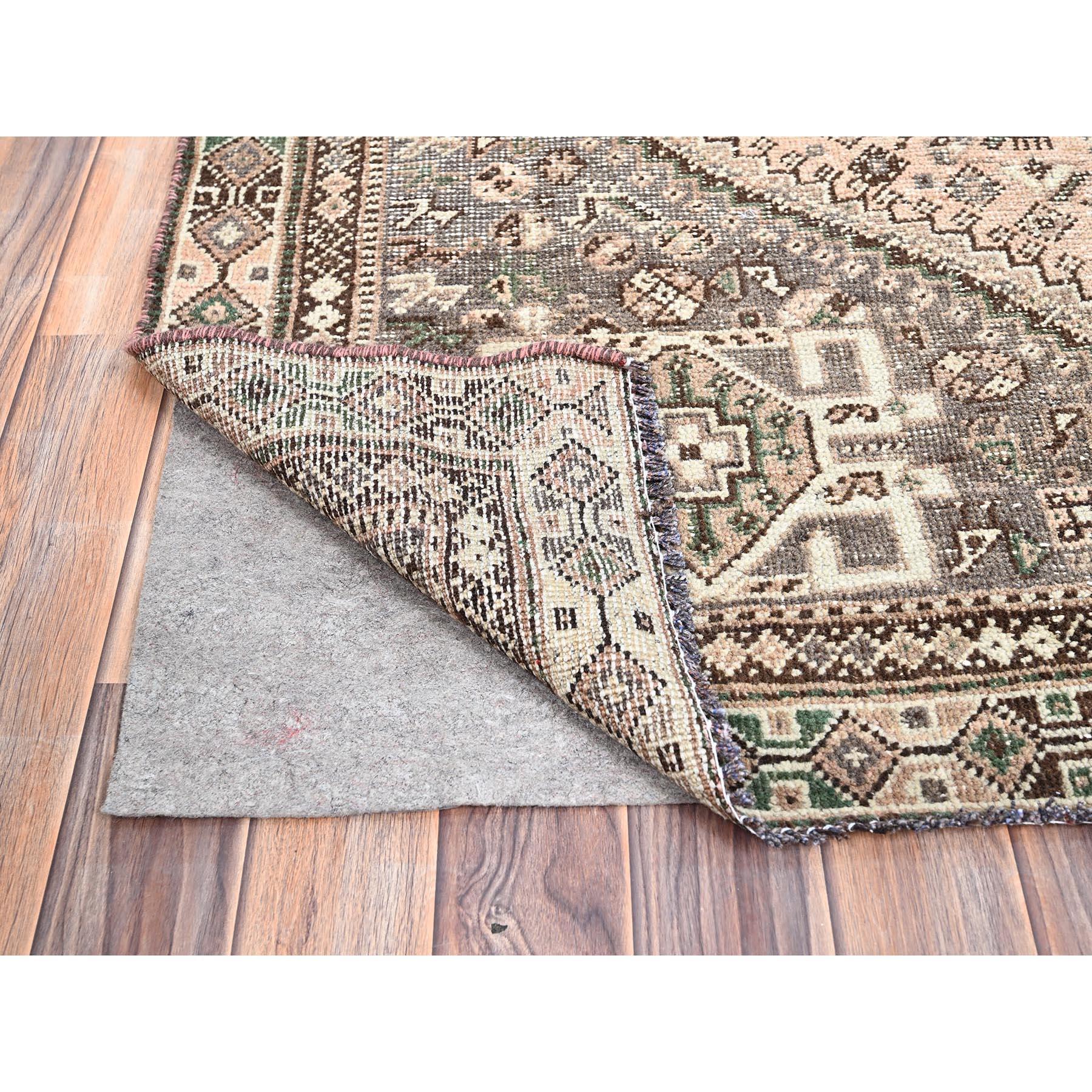 Mid-20th Century Irish Cream Brown Wool Hand Knotted Vintage Persian Shiraz Clean Sheared Low Rug