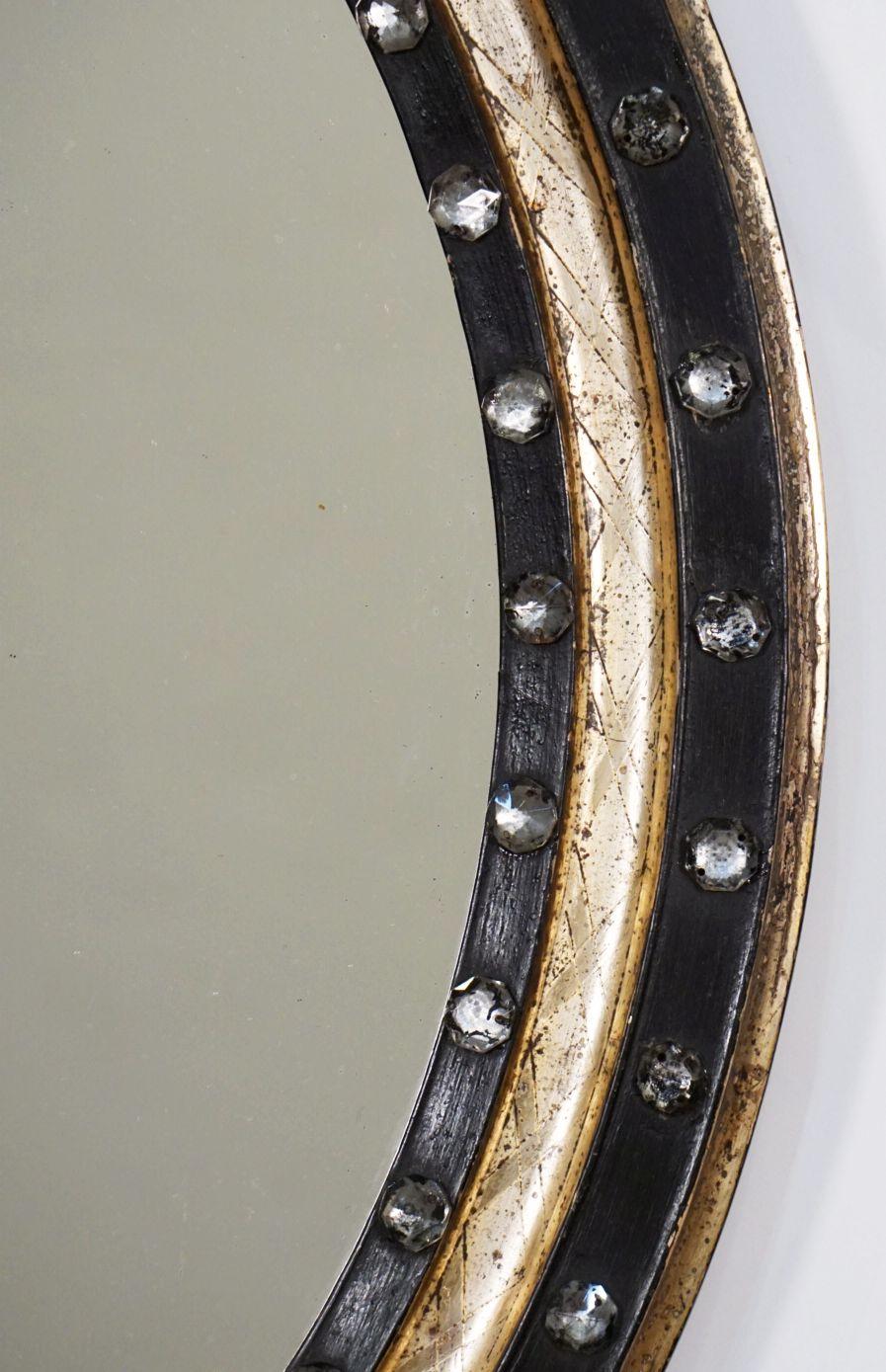 Irish Ebony and Gilt Oval Mirror with Faceted Glass Studs (H 22 1/4 x W 18 1/4) 5