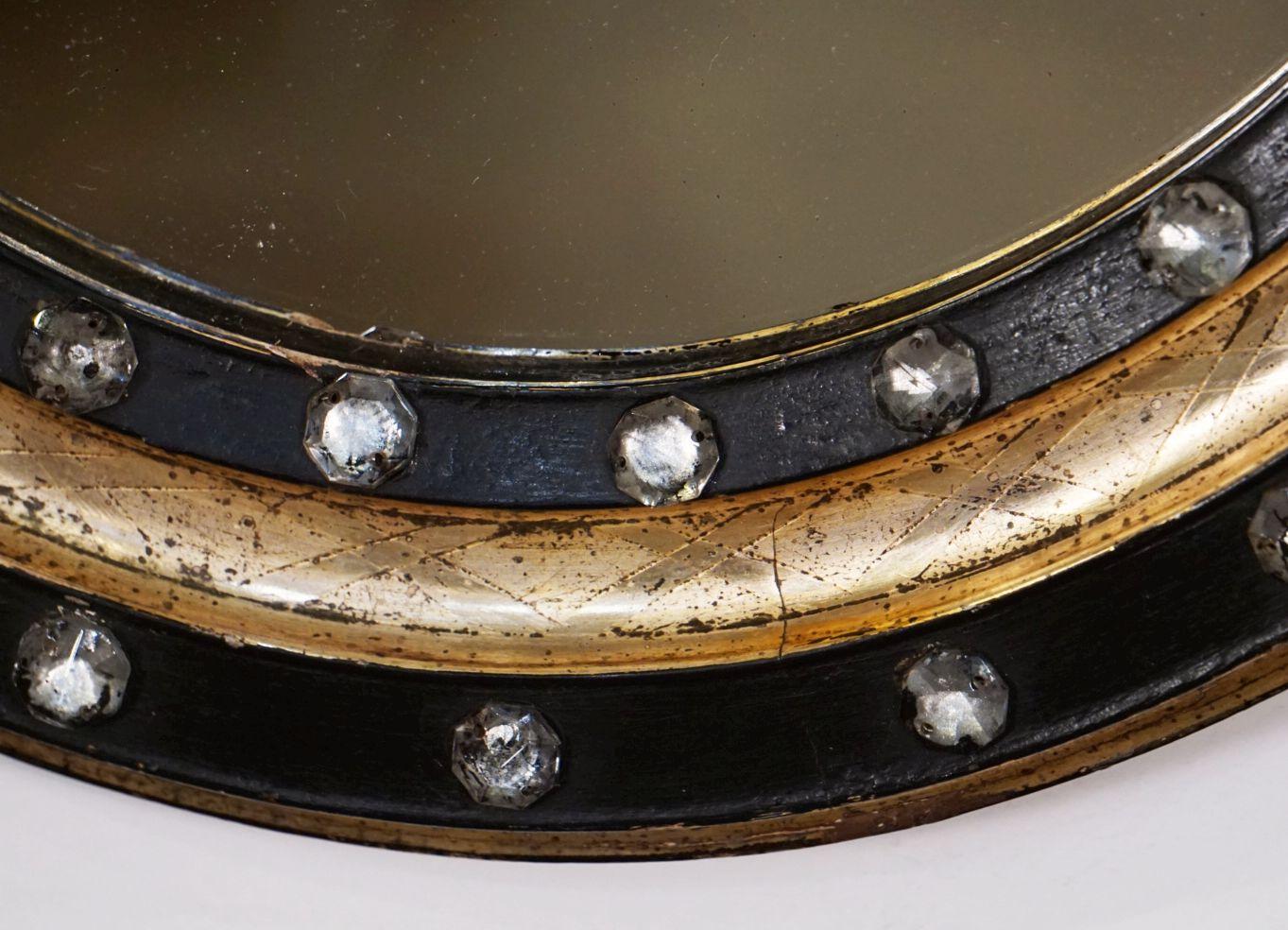 Irish Ebony and Gilt Oval Mirror with Faceted Glass Studs (H 22 1/4 x W 18 1/4) 9