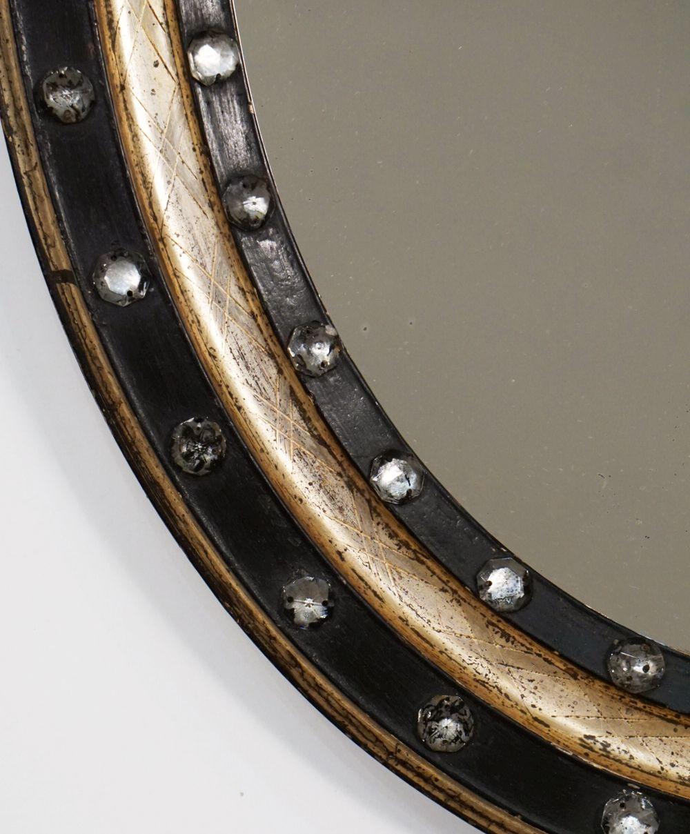Irish Ebony and Gilt Oval Mirror with Faceted Glass Studs (H 22 1/4 x W 18 1/4) 2