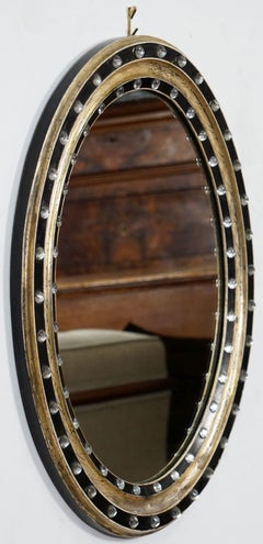 Irish Ebony and Gilt Oval Mirror with Faceted Glass Studs (H 24 3/8 x W 20 1/2)