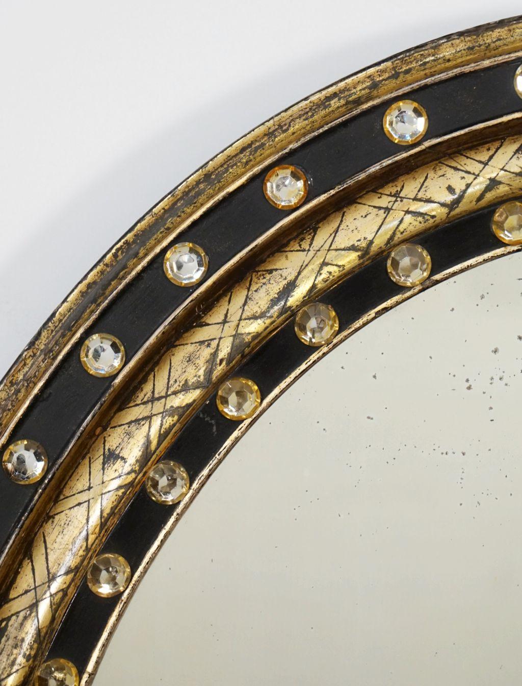 19th Century Irish Ebony and Gilt Oval Mirror with Faceted Glass Studs (H 29 1/4 x W 23 1/2)