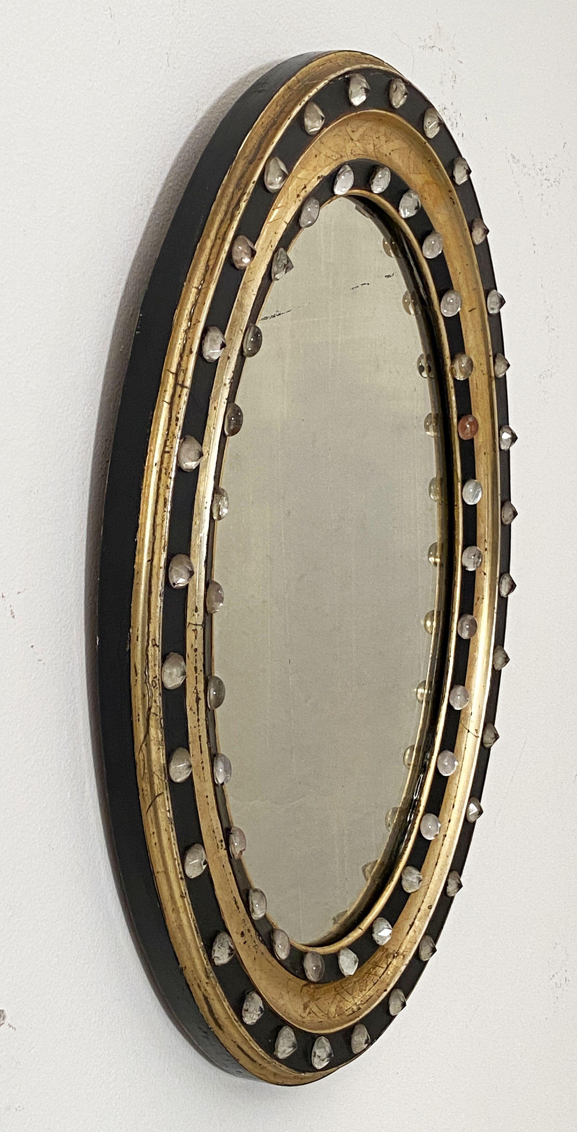 Ebonized Irish Ebony and Gilt Oval Wall Mirror with Glass Studs (H 21 x W 16 3/4)