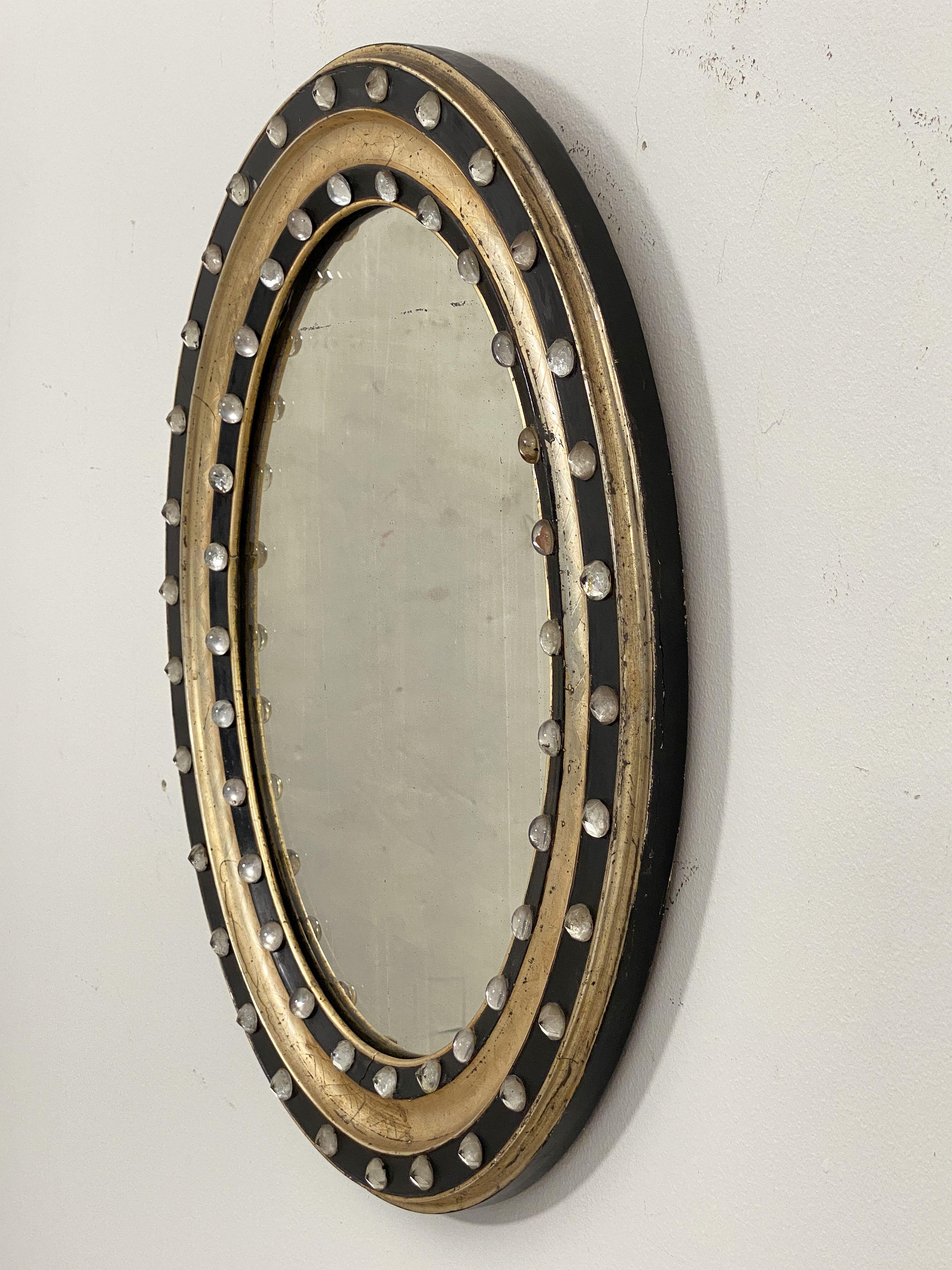 Irish Ebony and Gilt Oval Wall Mirror with Glass Studs (H 21 x W 16 3/4) In Good Condition In Austin, TX