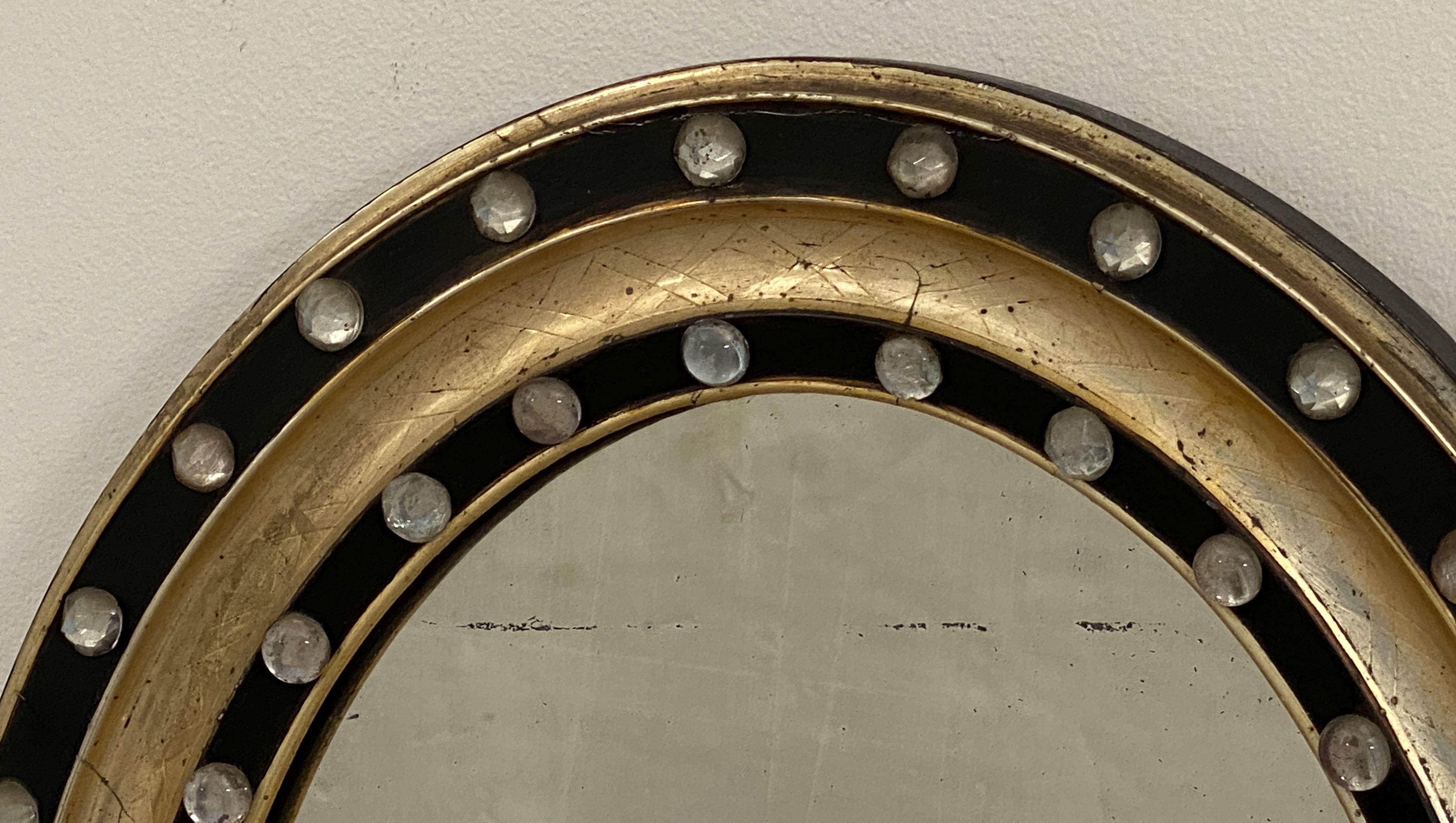 19th Century Irish Ebony and Gilt Oval Wall Mirror with Glass Studs (H 21 x W 16 3/4)