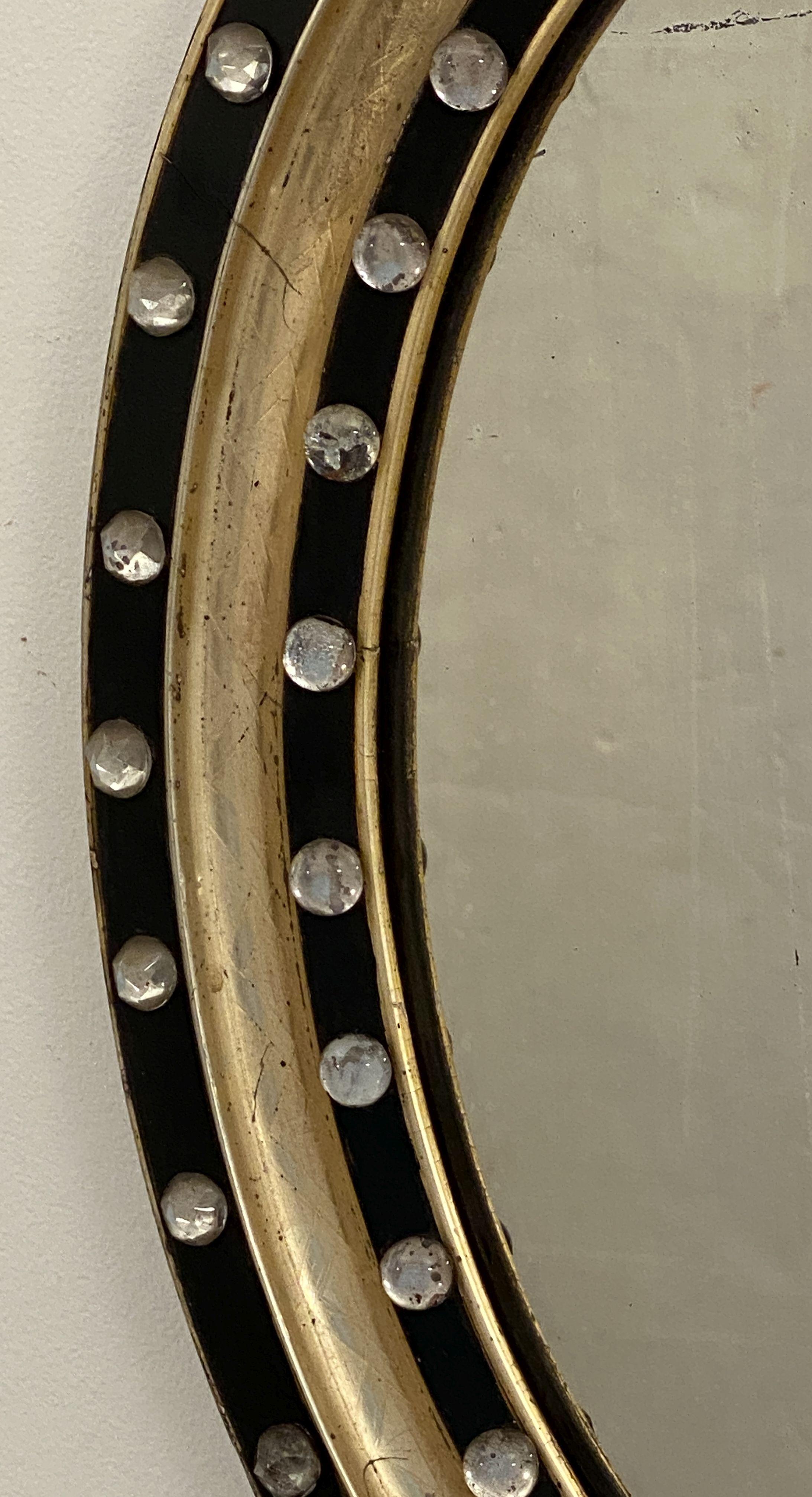 Crystal Irish Ebony and Gilt Oval Wall Mirror with Glass Studs (H 21 x W 16 3/4)