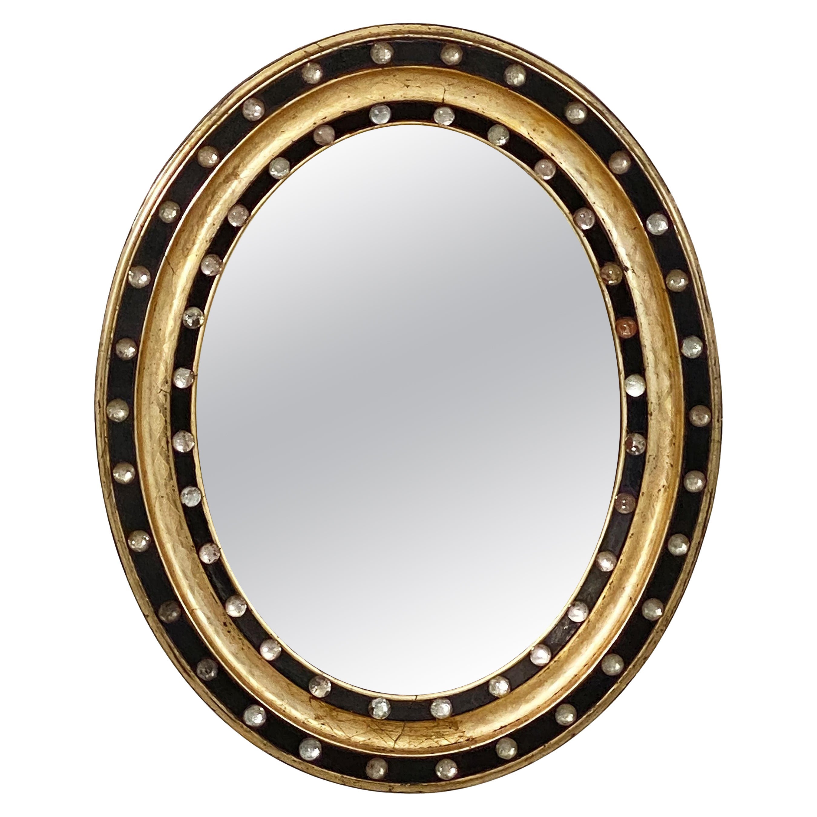 Irish Ebony and Gilt Oval Wall Mirror with Glass Studs (H 21 x W 16 3/4)