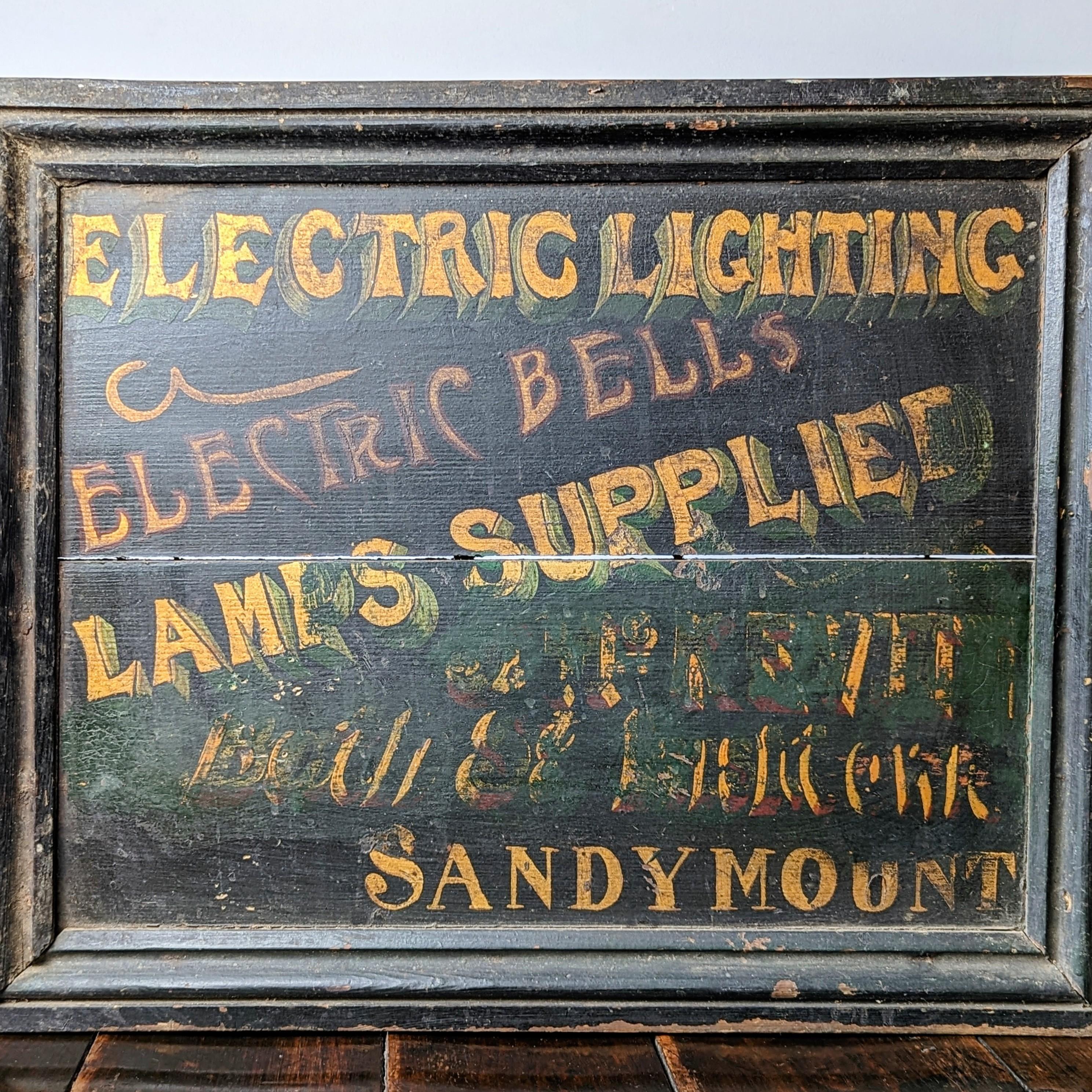A hand painted Irish trade sign from Sandymount, Dublin.

Whimsical typeface in untouched, original condition. 

Pine backboards and frame with hanging hooks. 

Irish - Early 20th Century.