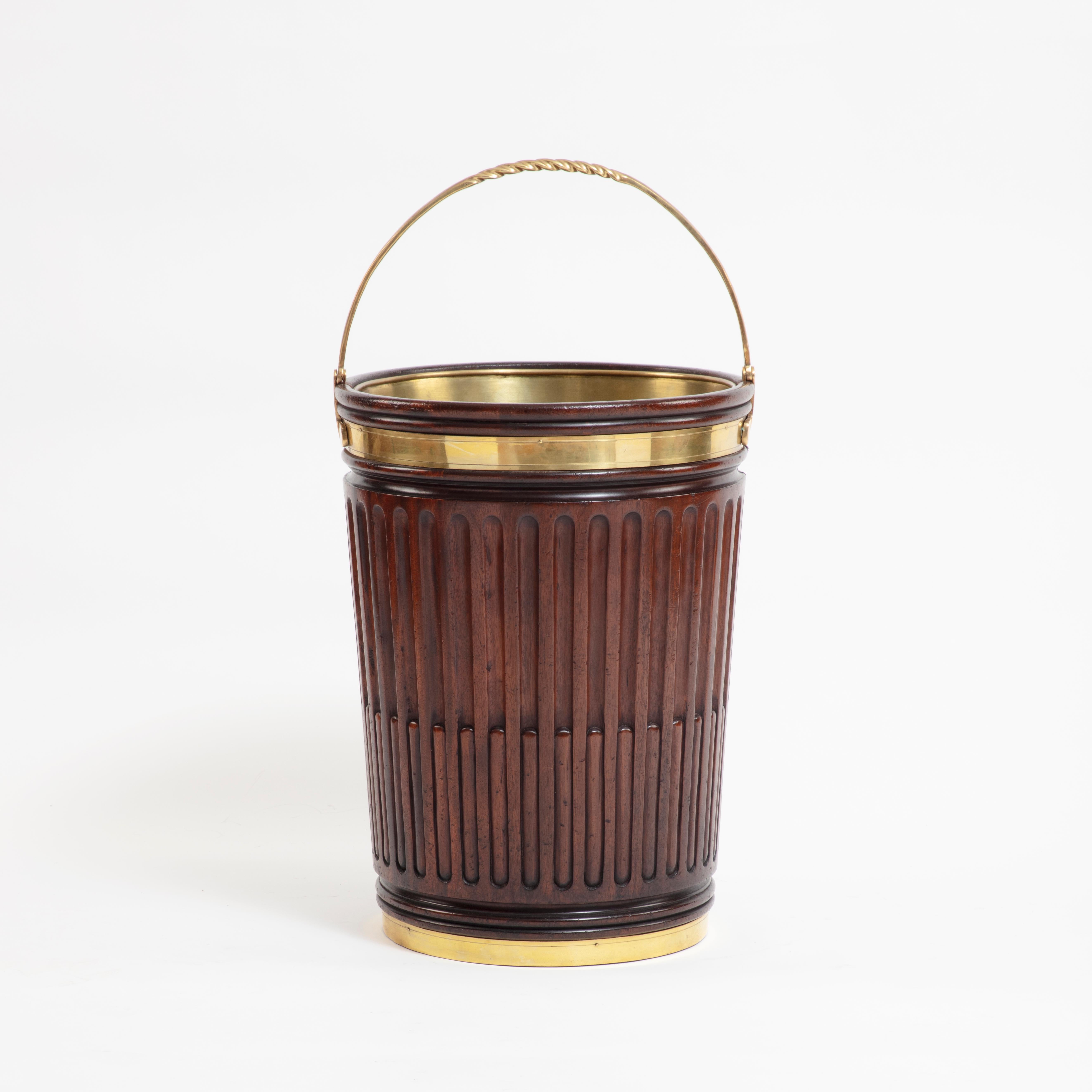 Carved Irish George III Style Fluted Mahogany Peat Bucket with Brass Hardware For Sale