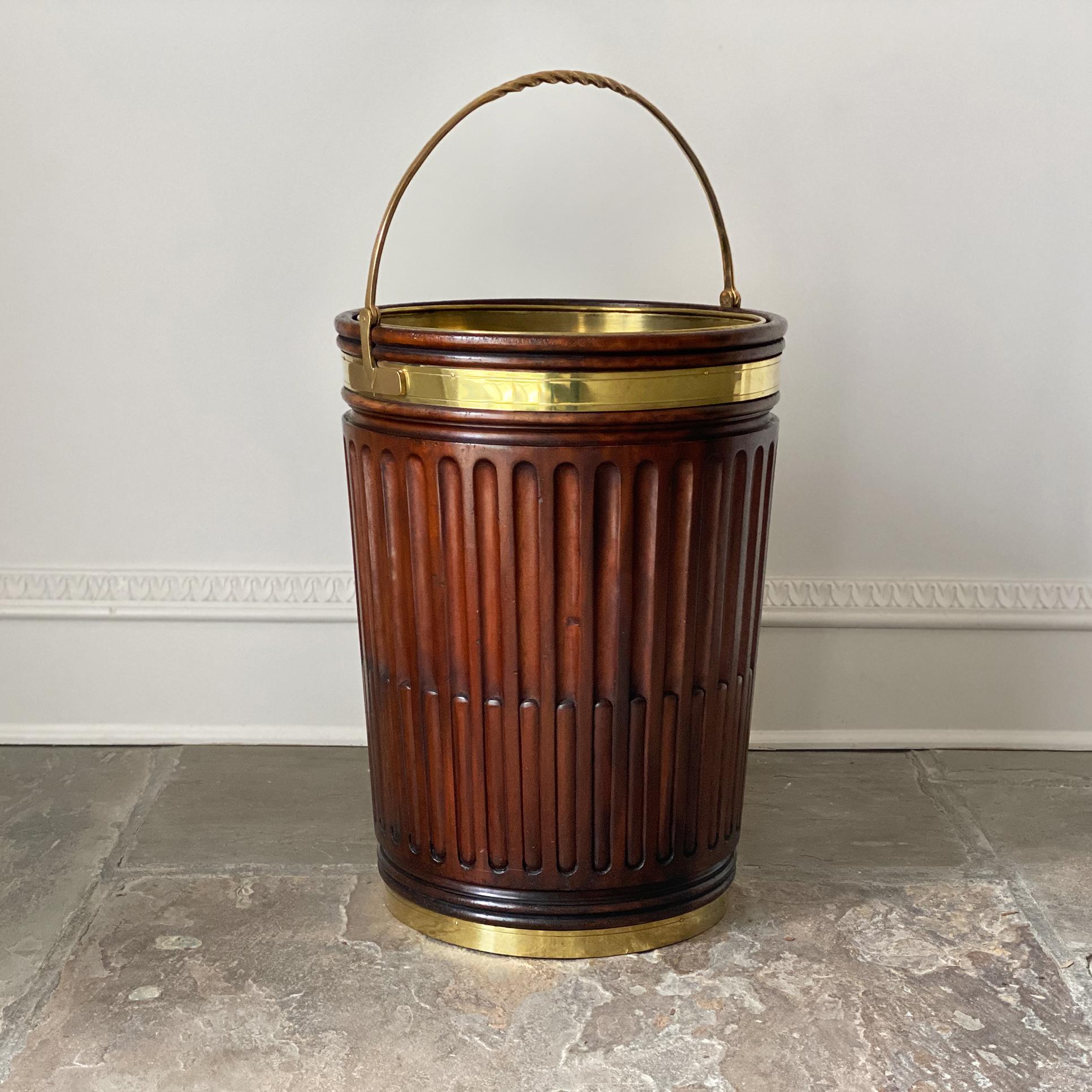 Contemporary Irish George III Style Fluted Mahogany Peat Bucket with Brass Hardware For Sale
