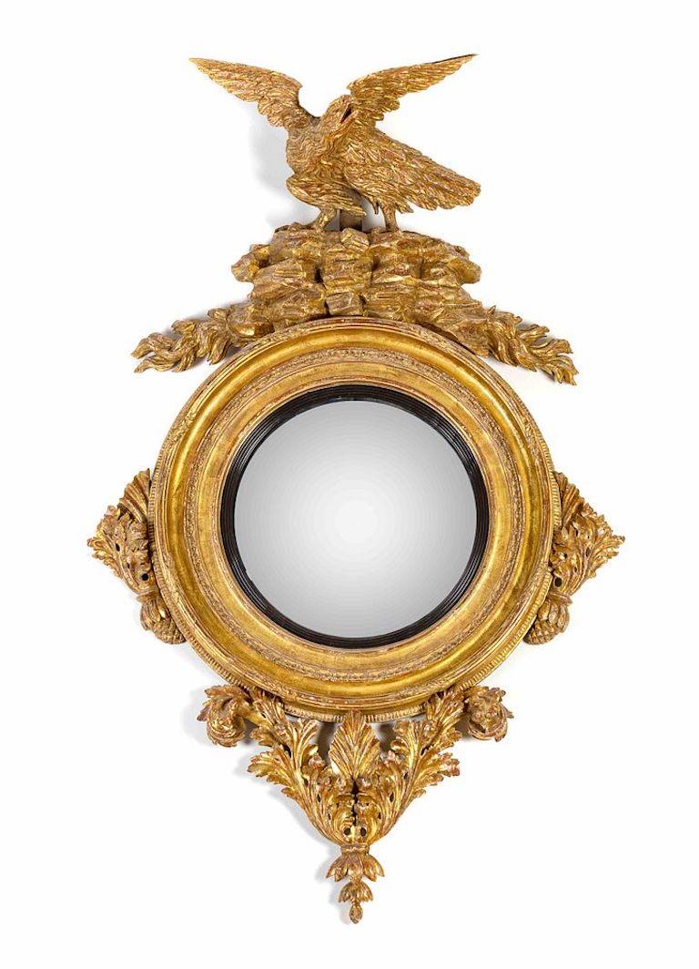 Regency Irish Georgian Giltwood Convex Mirror For Sale