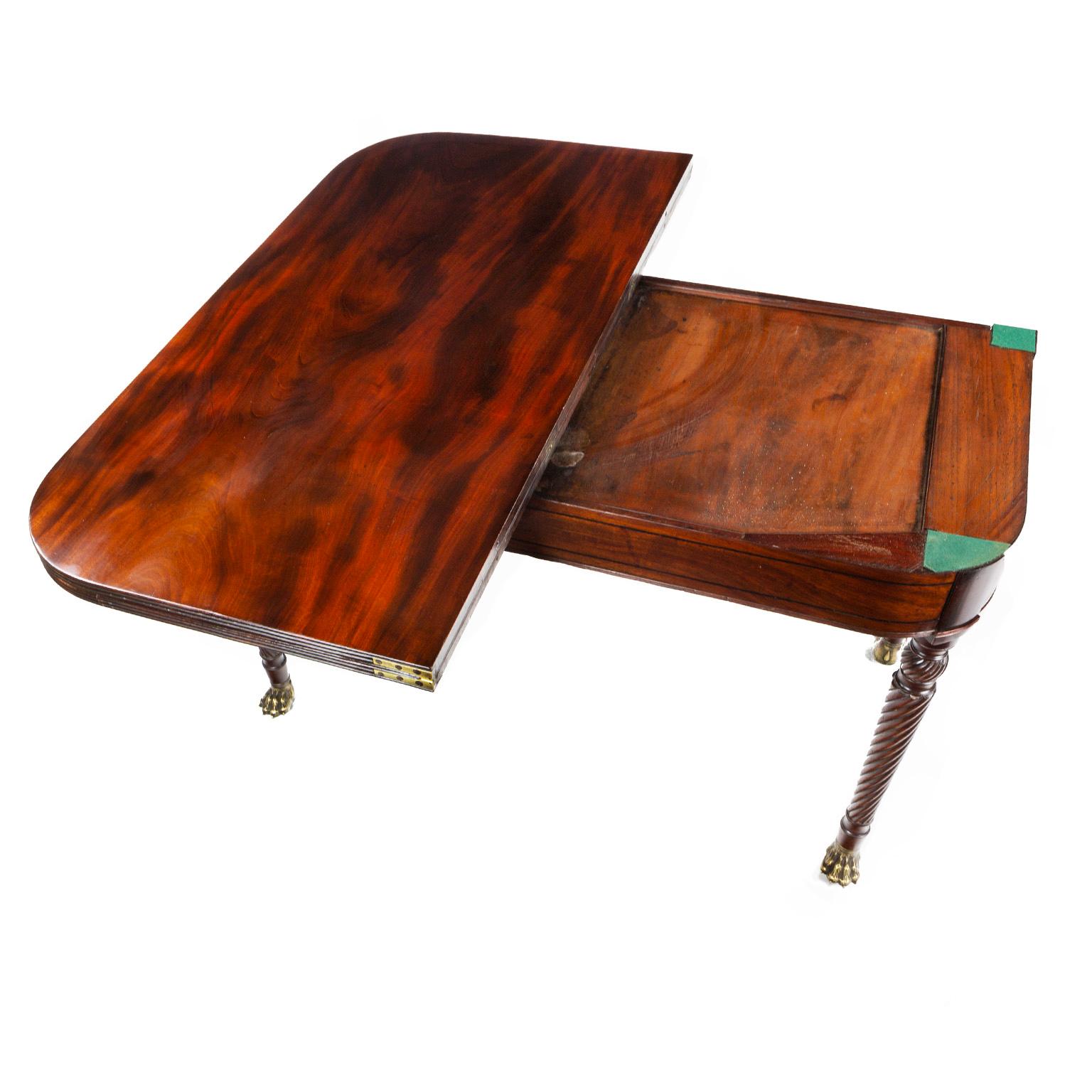 A Georgian, finest mahogany, fold over dining table with spiral turned legs two draws, brass hairy paw feet incorporating brass castors, attributed to Robert Strahan

Founded in 1776 as a cabinet maker, Robert Strahan & Co. grew to become one of