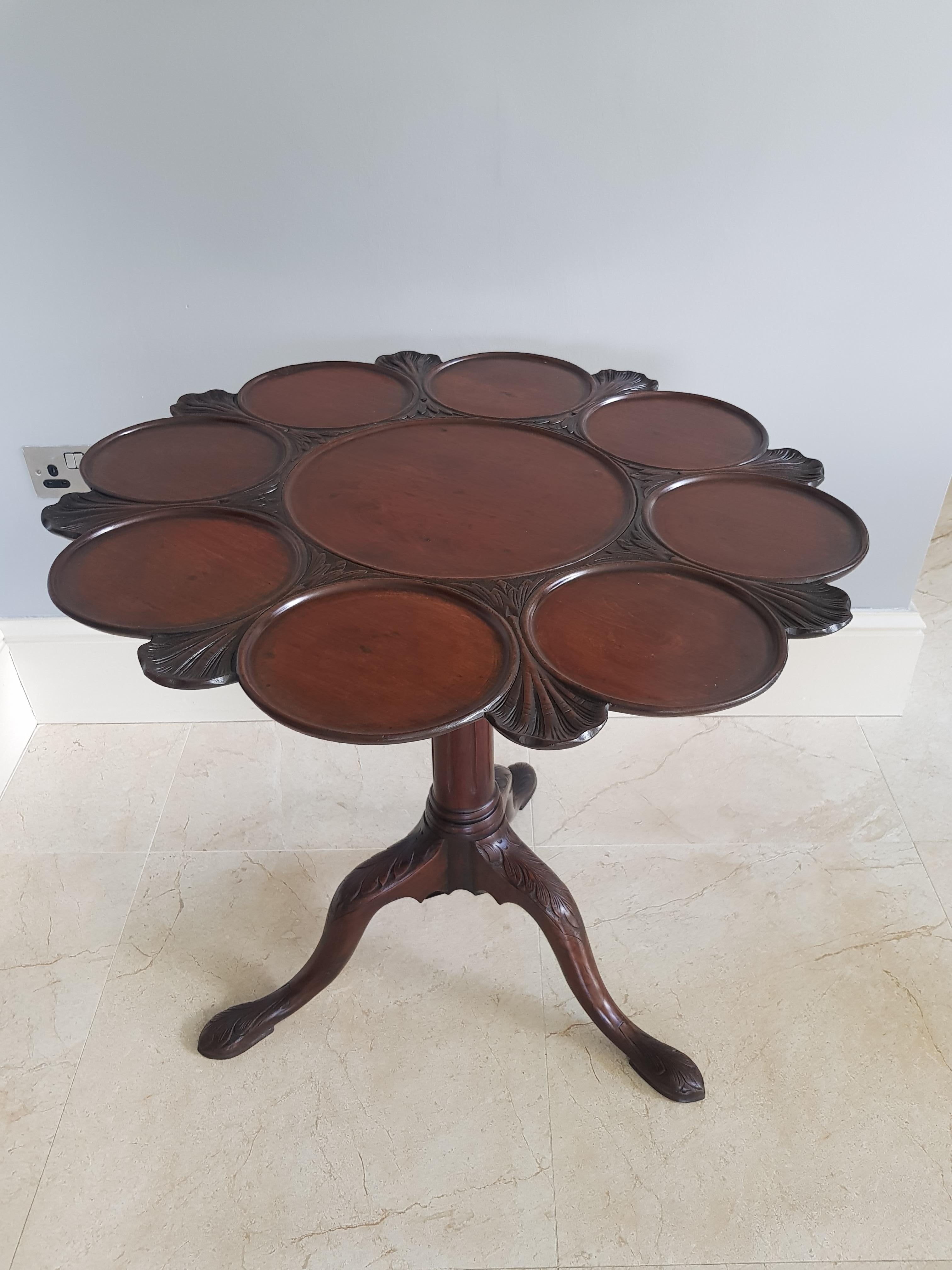 A George 111 Irish mahogany 'bird cage' tripod supper table, circa 1760, the hinged circular top incorporating moulded dish sections and shell carving distinctive of quality Irish wood carving of this period. The circular top above a barrel turned