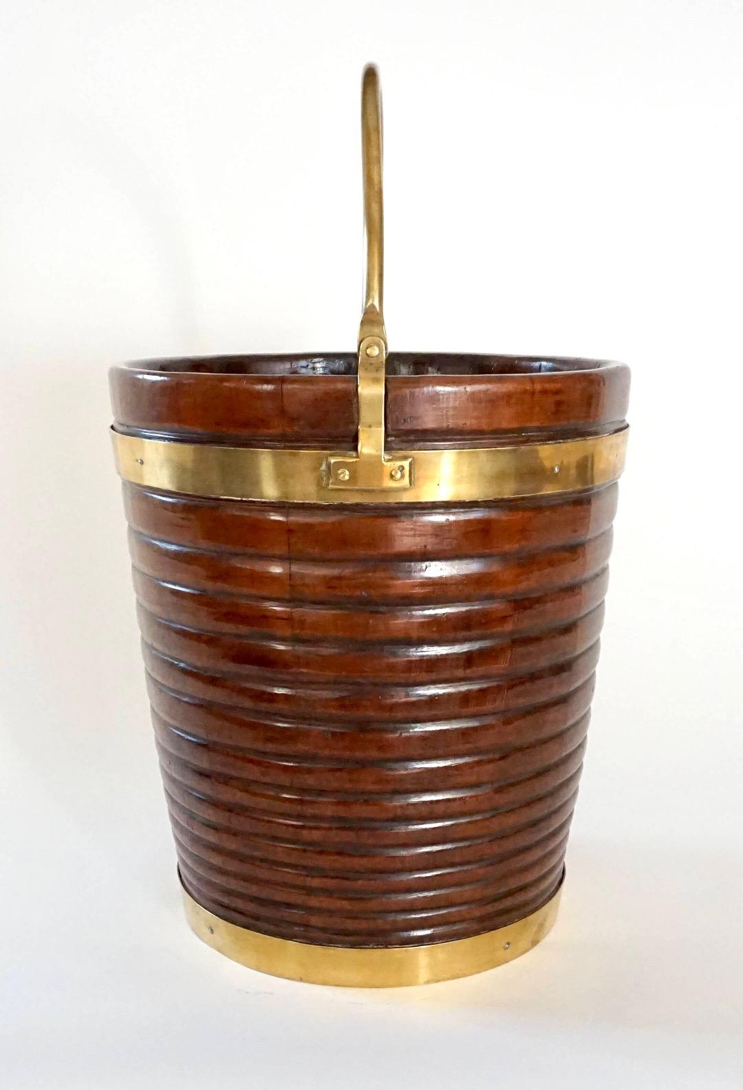 Irish Georgian Turned Mahogany and Brass Peat or Kindling Bucket, circa 1800 2