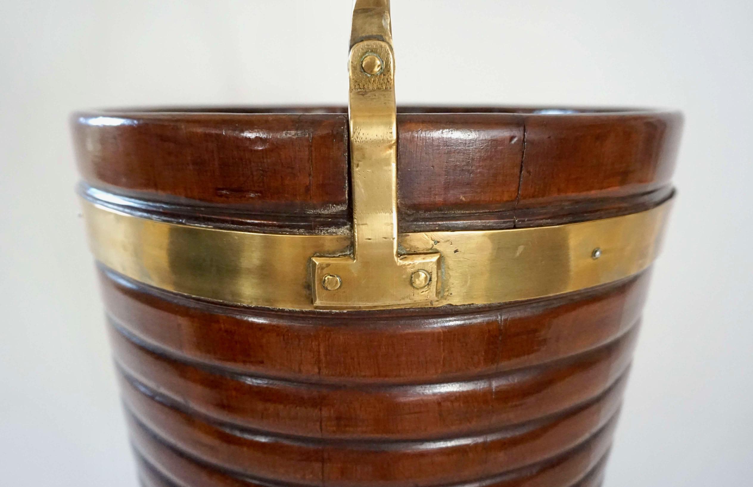 Hand-Crafted Irish Georgian Turned Mahogany and Brass Peat or Kindling Bucket, circa 1800