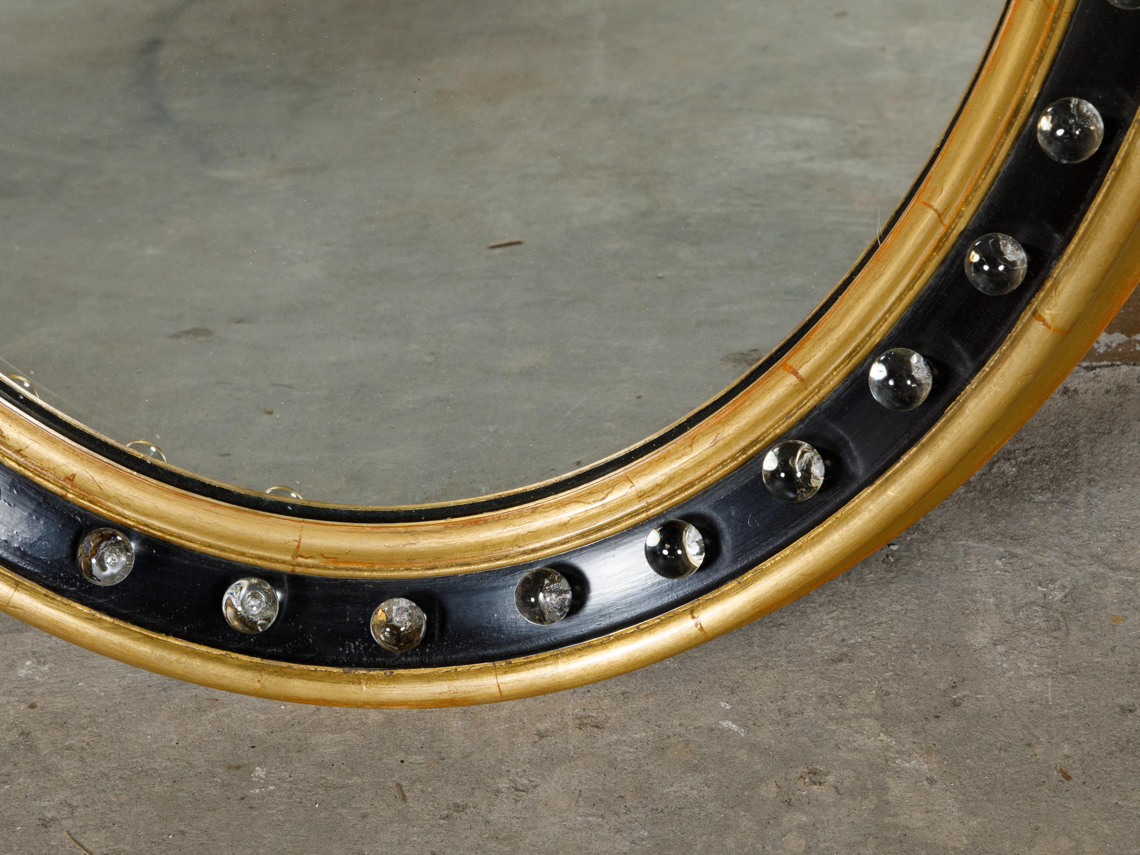 Irish Gilded and Ebonized 1920s Oval Mirror with Petite Glass Spheres 1