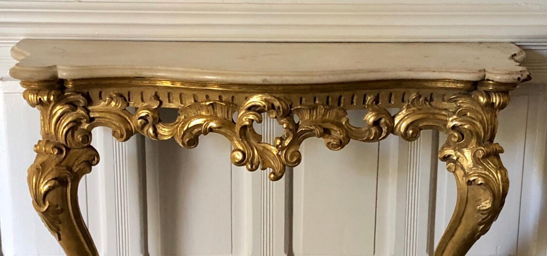 George III Irish Giltwood Georgian Marble Top Console, Stamped S. TRAHAN For Sale