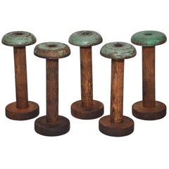 Irish Linen Green Wooden Bobbins Spools, Set of Five