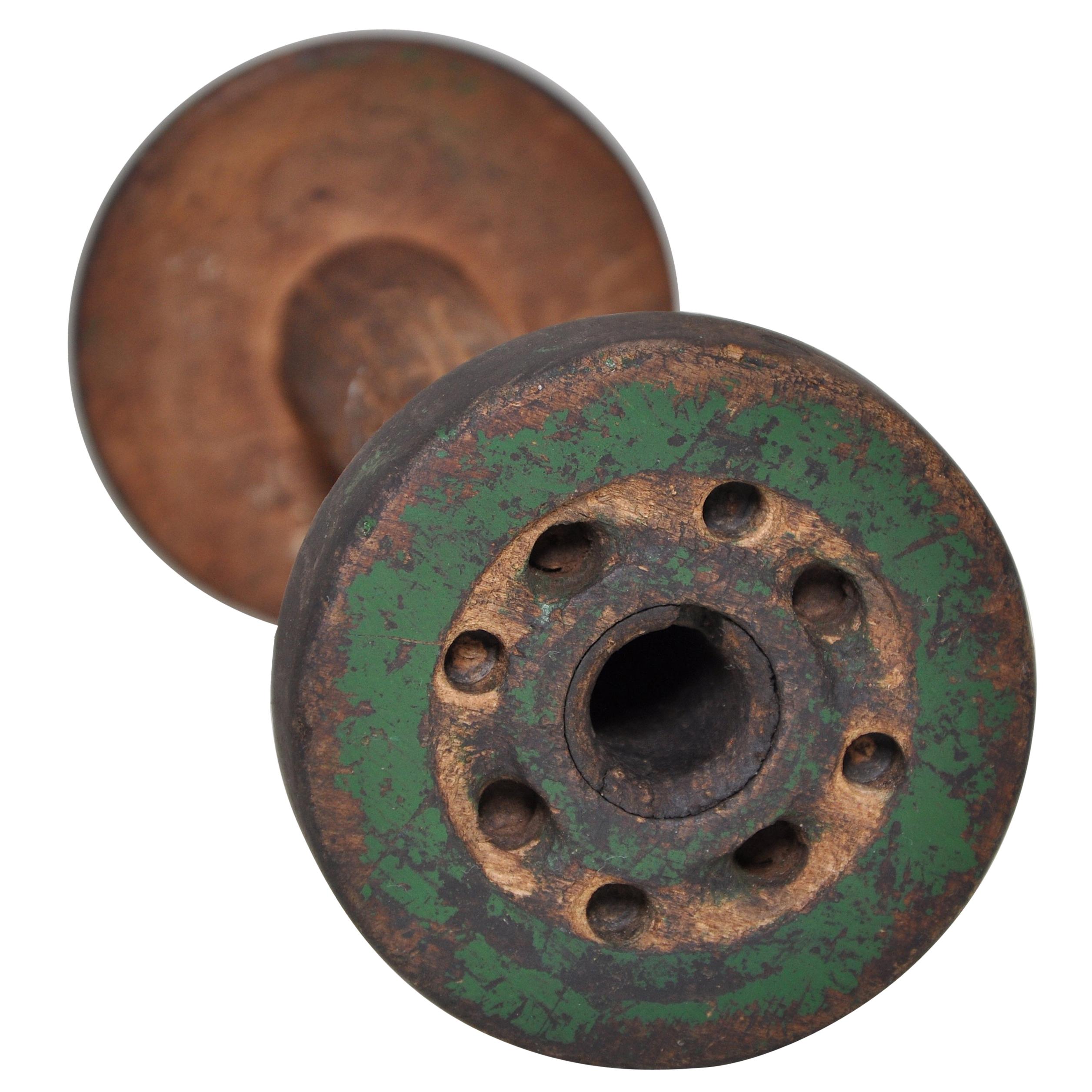 Irish Linen Wooden Bobbin Spool Machinery Rustic Relic, Dark Green For Sale
