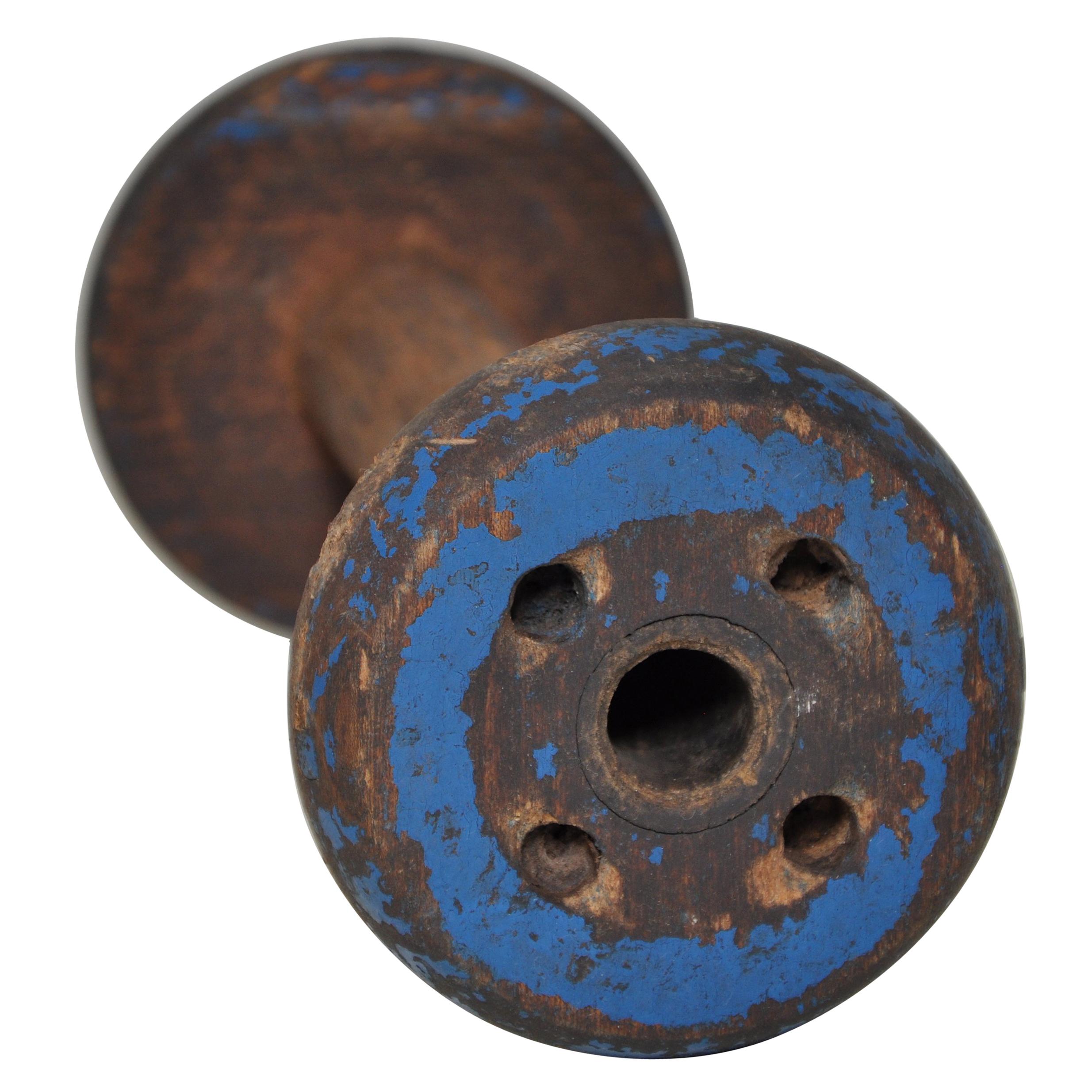 Irish Linen Wooden Bobbin Spool Machinery Rustic Relic, Deep Blue For Sale