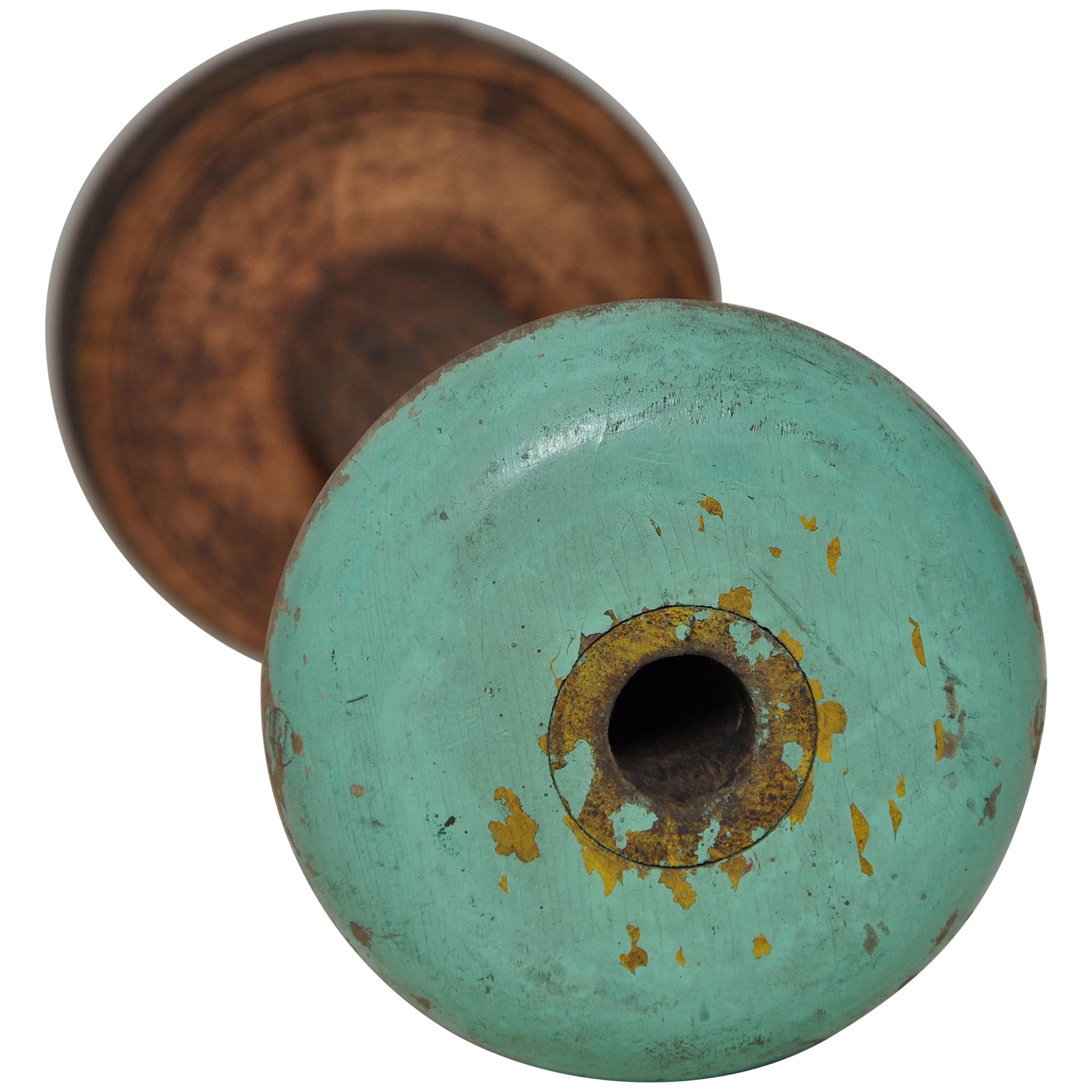 Irish Linen Wooden Bobbin Spool Machinery Rustic Relic, Green For Sale