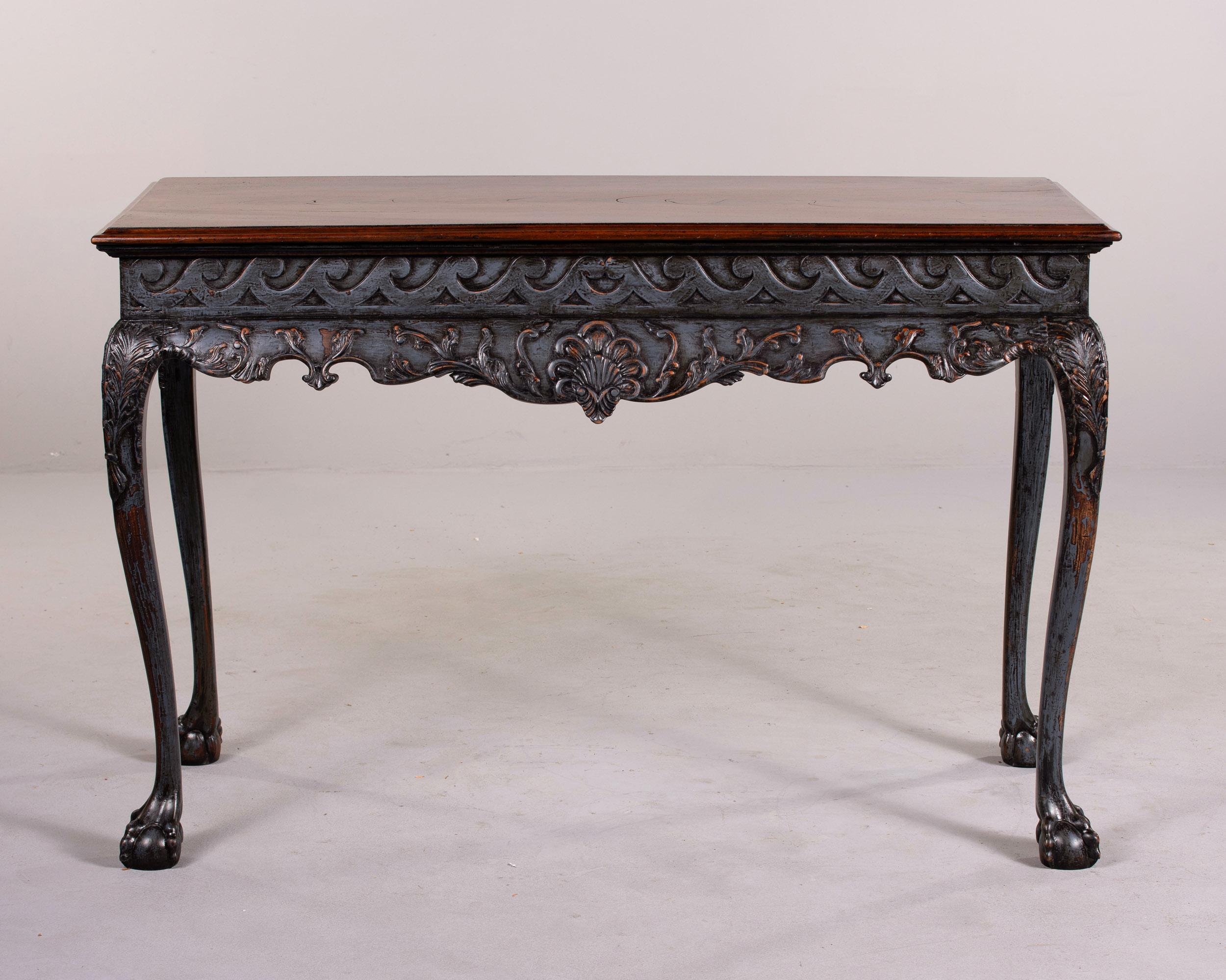 Irish Mahogany Console with Carved Painted Base and Claw & Ball Feet In Good Condition For Sale In Troy, MI