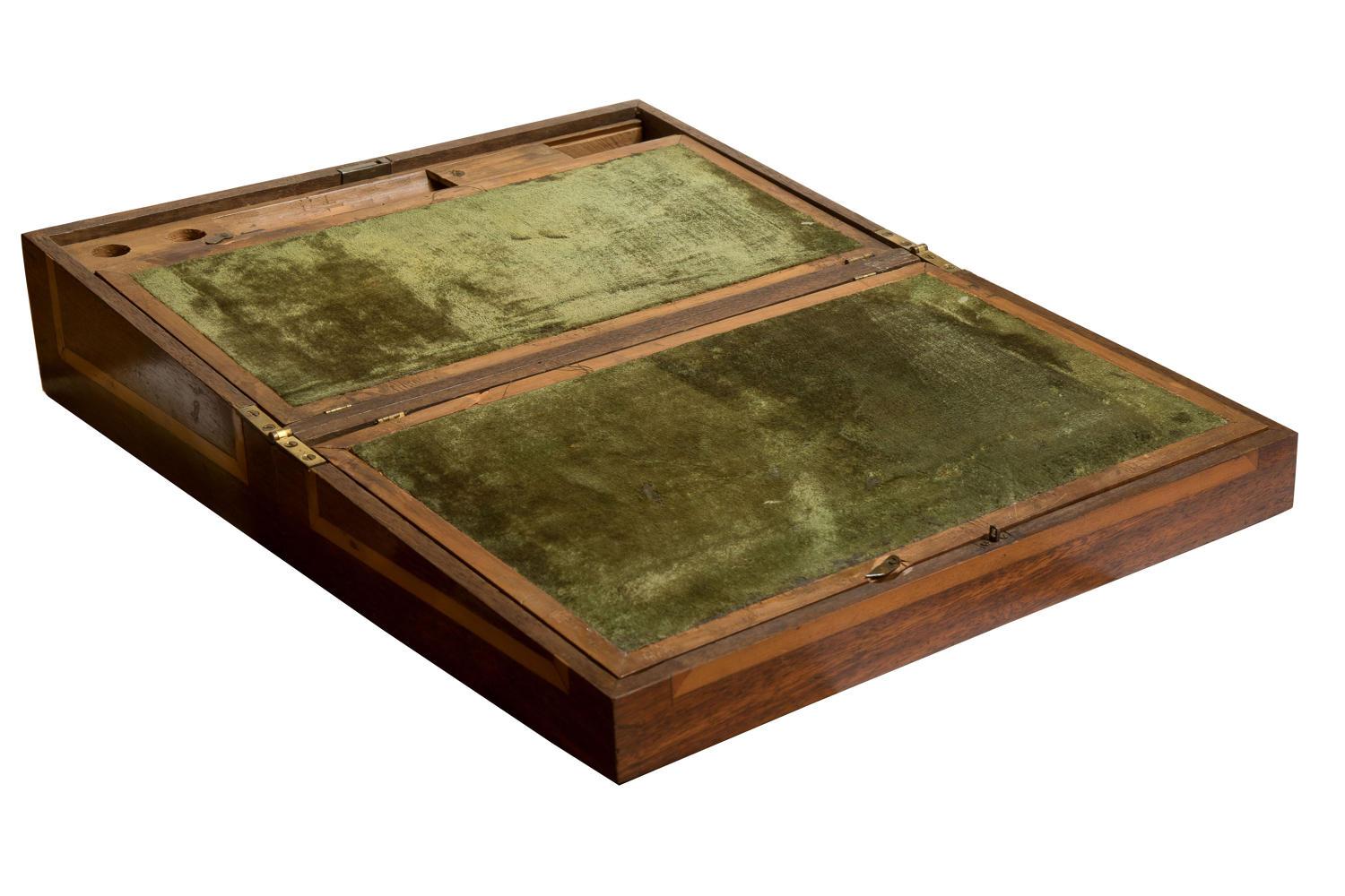 Irish mahogany writing box/lap desk inlaid with various symbols including a harp, shamrock etc,

circa 1880.