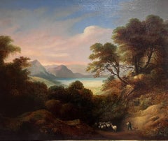 Huge 1850's Irish Romantic Sunset Landscape over Lough Waters & Mountains