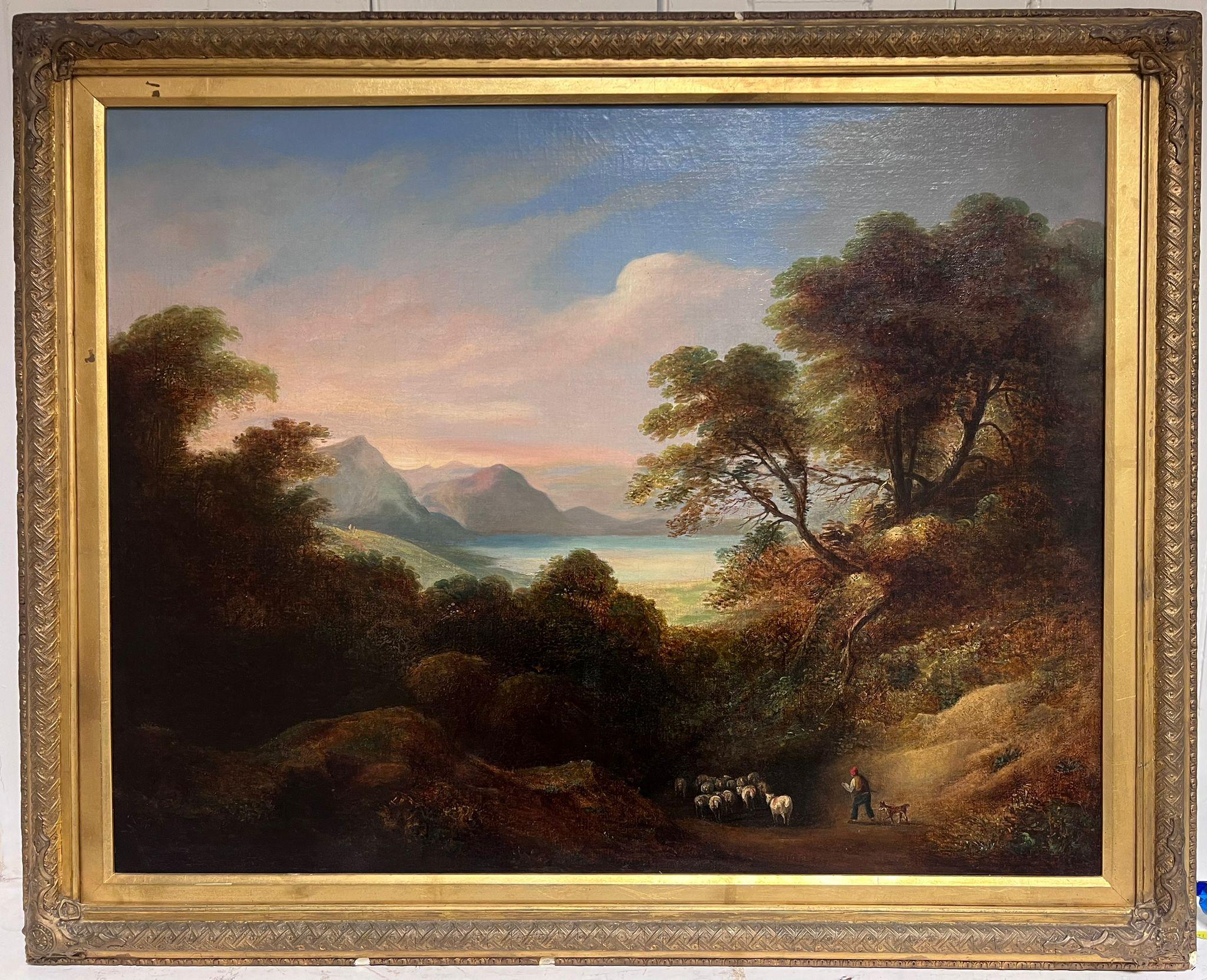Irish Mid 19thC Animal Painting - Huge 1850's Irish Romantic Sunset Landscape over Lough Waters & Mountains