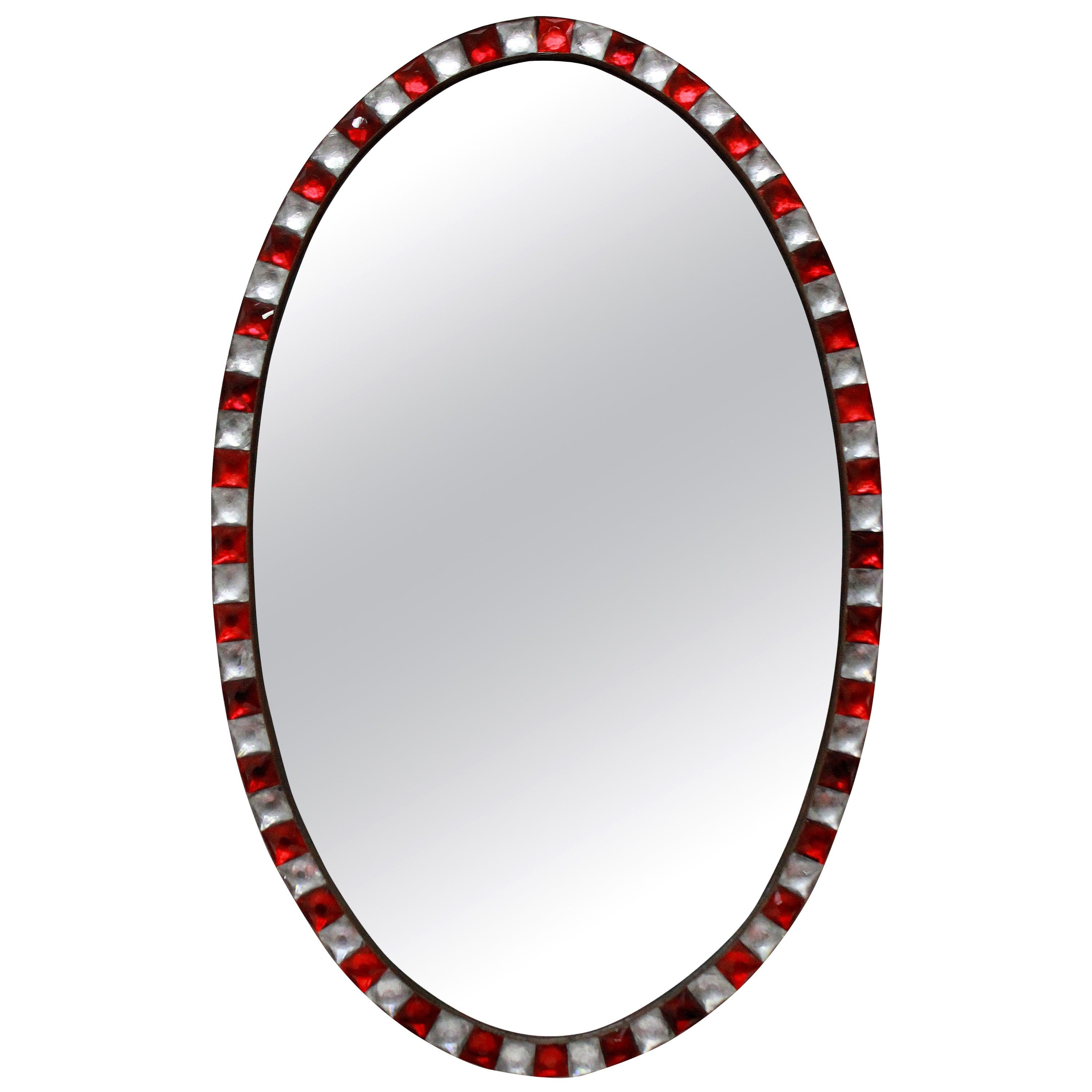 Georgian Style Irish Mirror With Ruby Glass & Rock Crystal Faceted Border