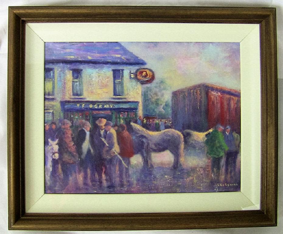 Peint à la main Huile sur toile irlandaise de la foire aux chevaux de Ballagh par Seamus Coleman en vente