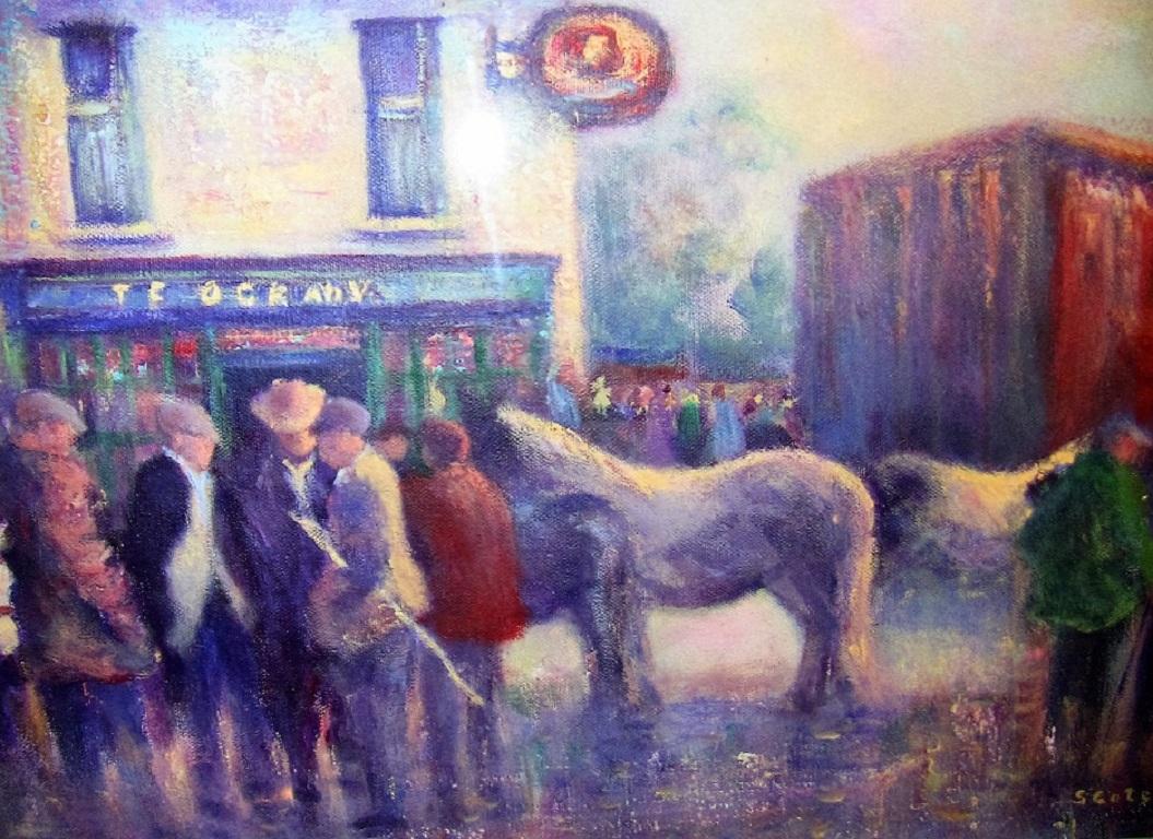 Country Irish Oil on Canvas of Ballagh Horse Fair by Seamus Coleman For Sale