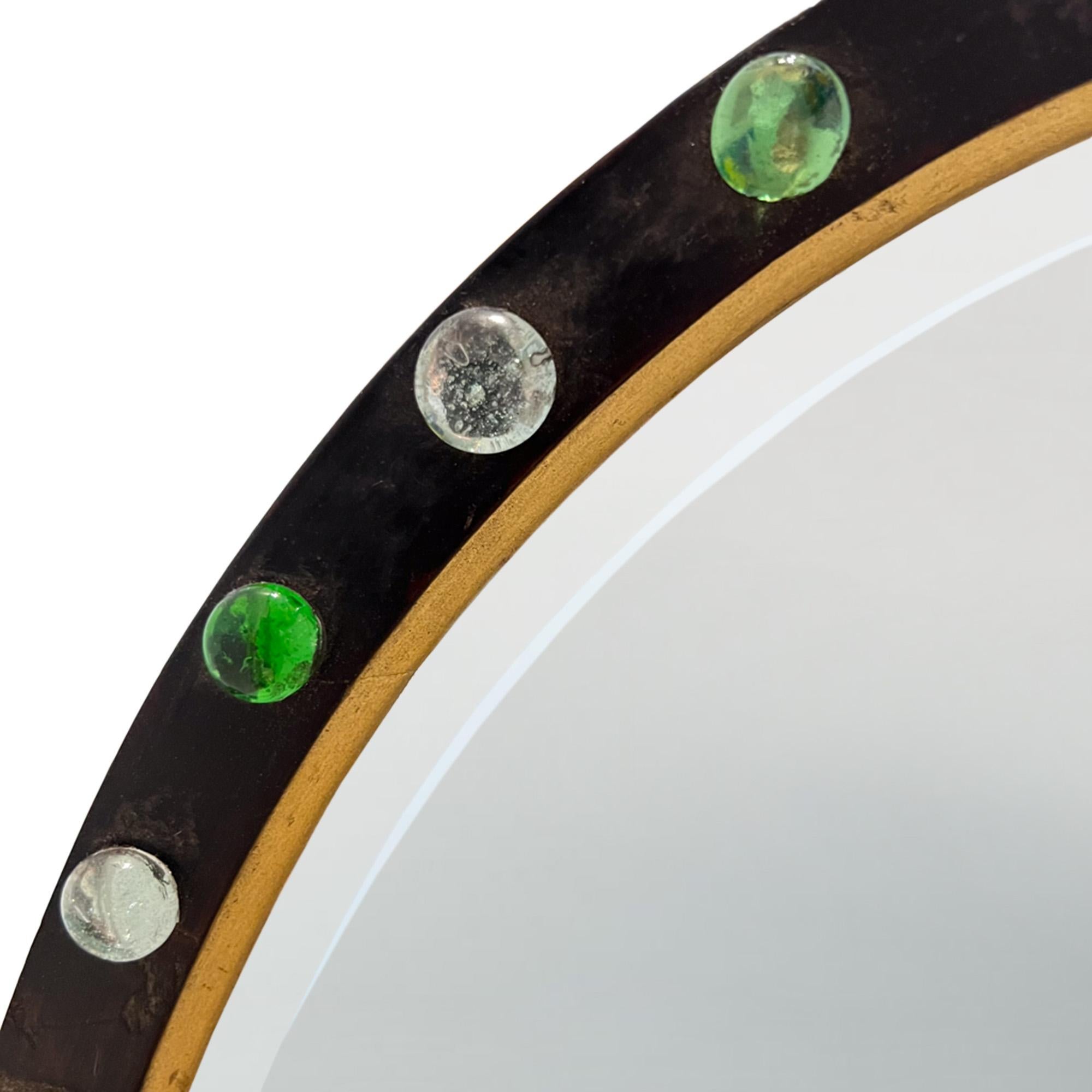 Arts and Crafts Irish Oval Mirror With Ebonised Frame and Green and Clear Glass Detail