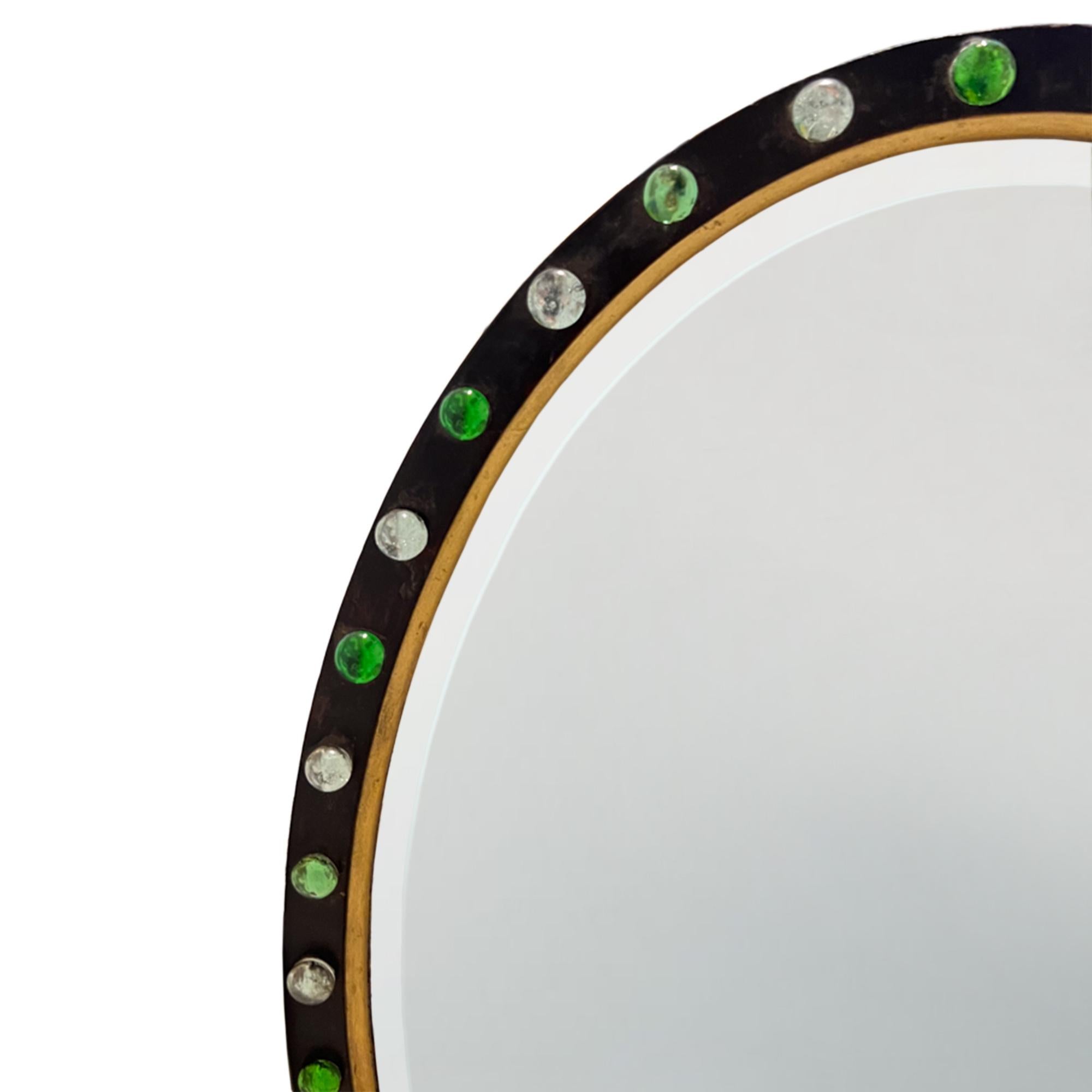 Hand-Crafted Irish Oval Mirror With Ebonised Frame and Green and Clear Glass Detail